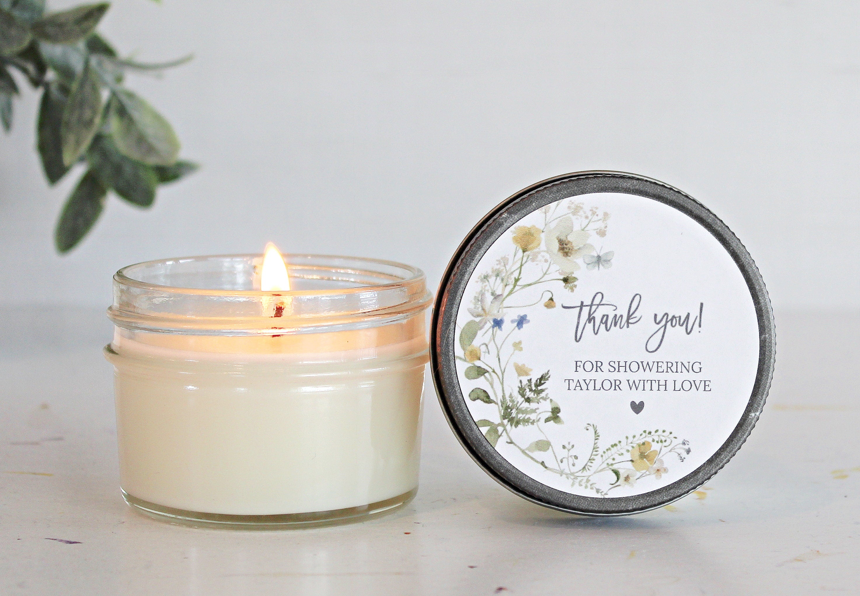 Wildflower Bridal Shower Favor Candles / Personalized 4 oz. Soy Candle Favors / Personalized Favors / Greenery Bridal Shower Favors