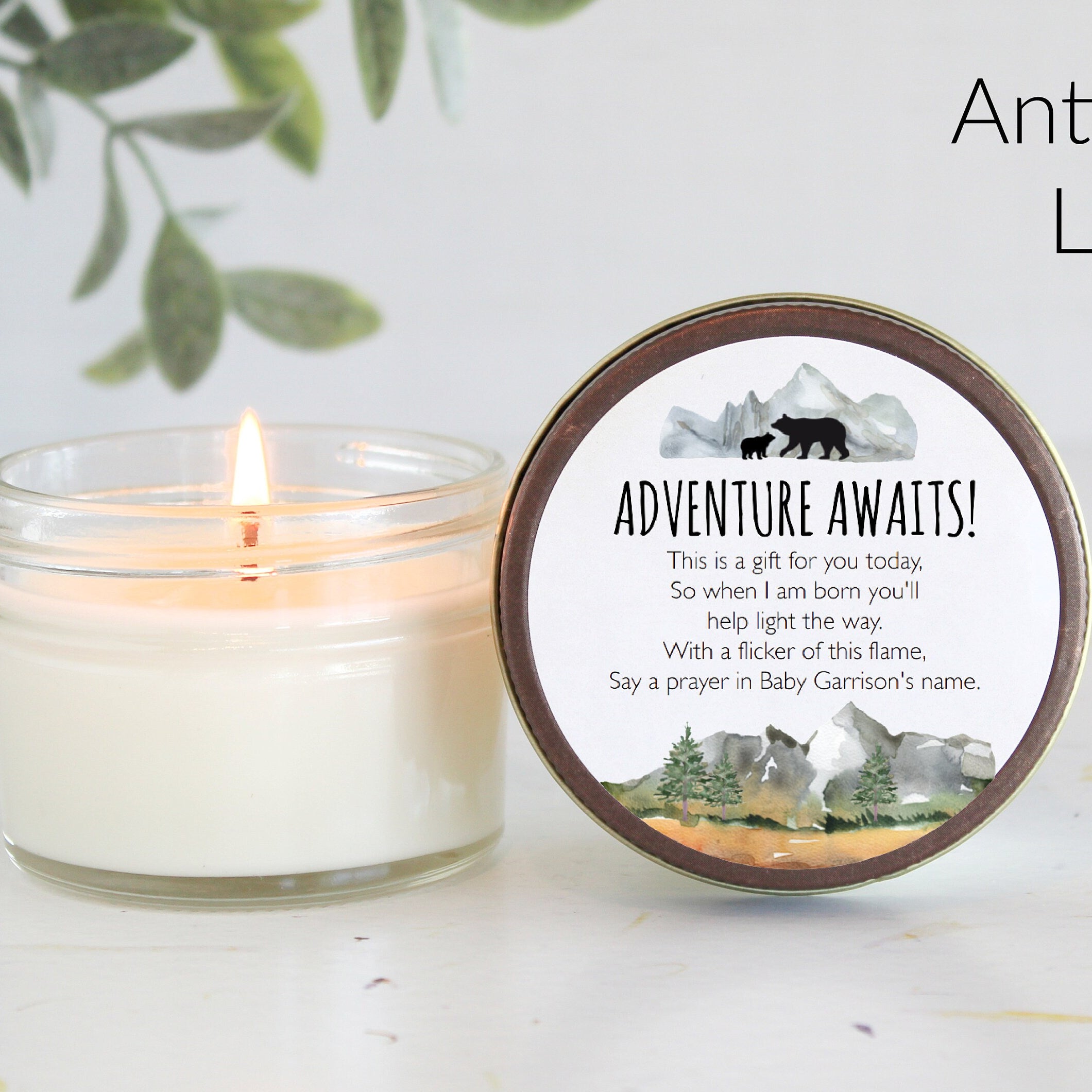 Adventure Baby Shower Favors / Adventure Awaits / Bulk 4 oz Candle Favors / Mountain Baby Shower / Boy Baby Shower / Forest Woodland