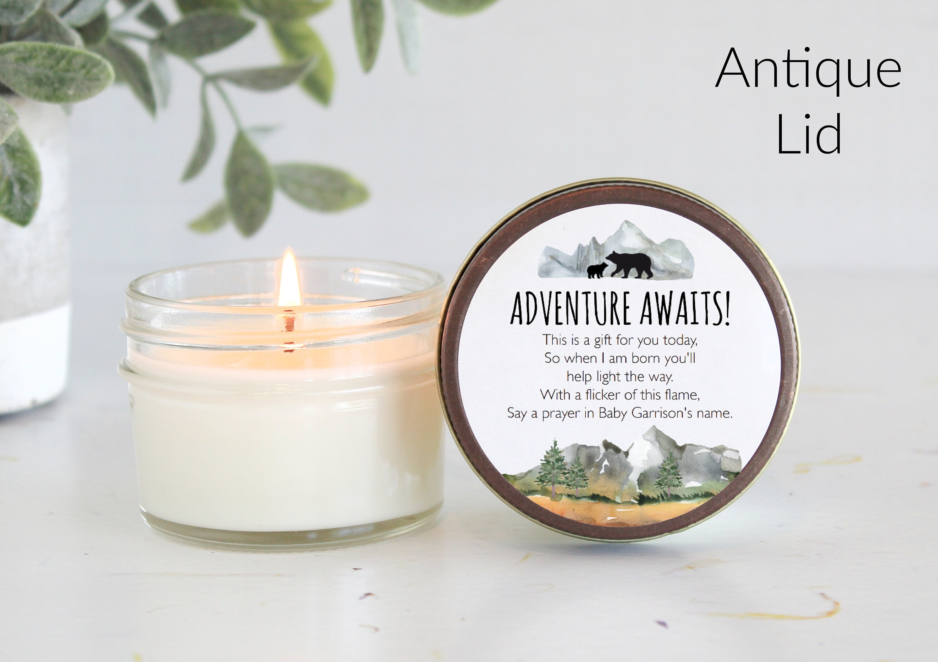 Adventure Baby Shower Favors / Adventure Awaits / Bulk 4 oz Candle Favors / Mountain Baby Shower / Boy Baby Shower / Forest Woodland