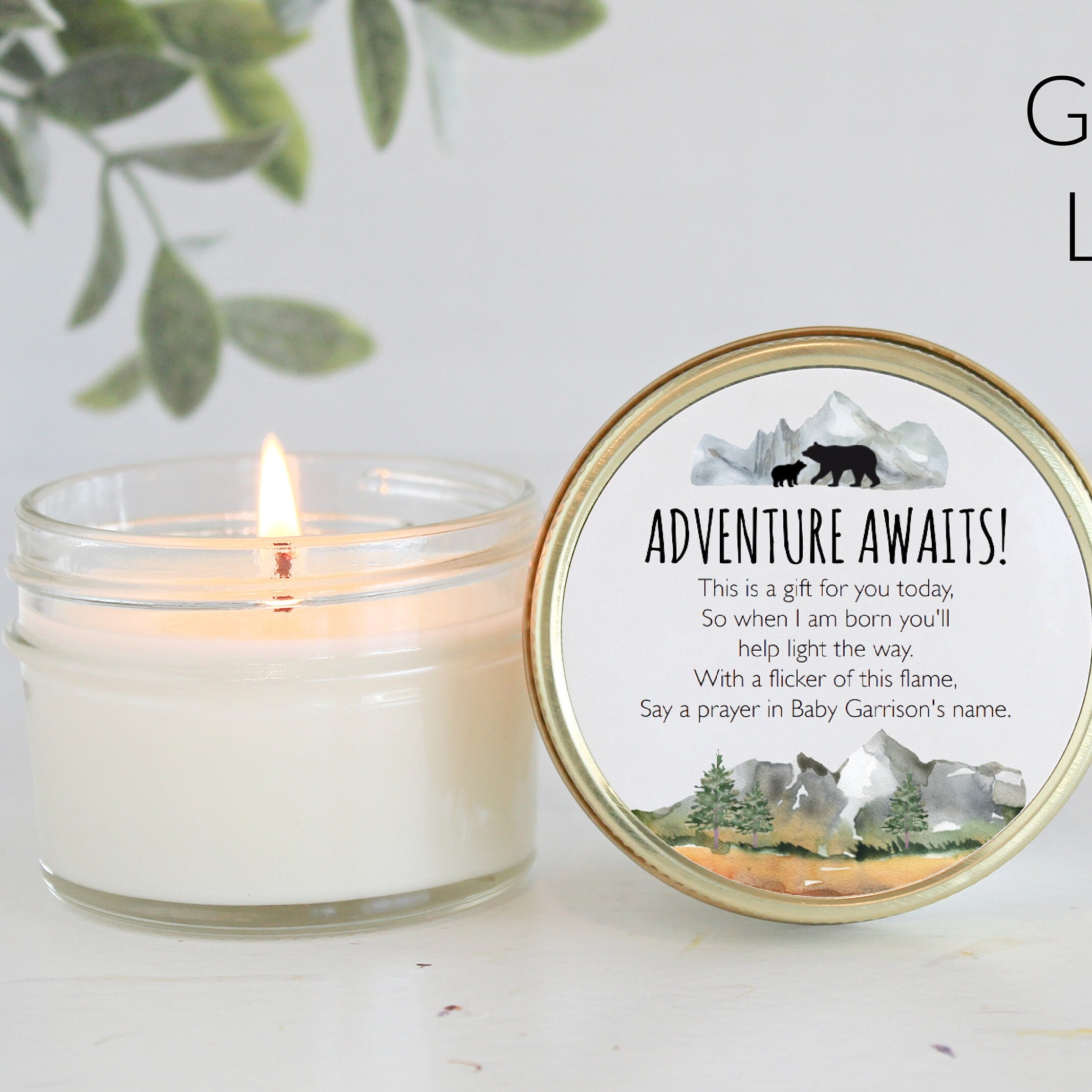 Adventure Baby Shower Favors / Adventure Awaits / Bulk 4 oz Candle Favors / Mountain Baby Shower / Boy Baby Shower / Forest Woodland