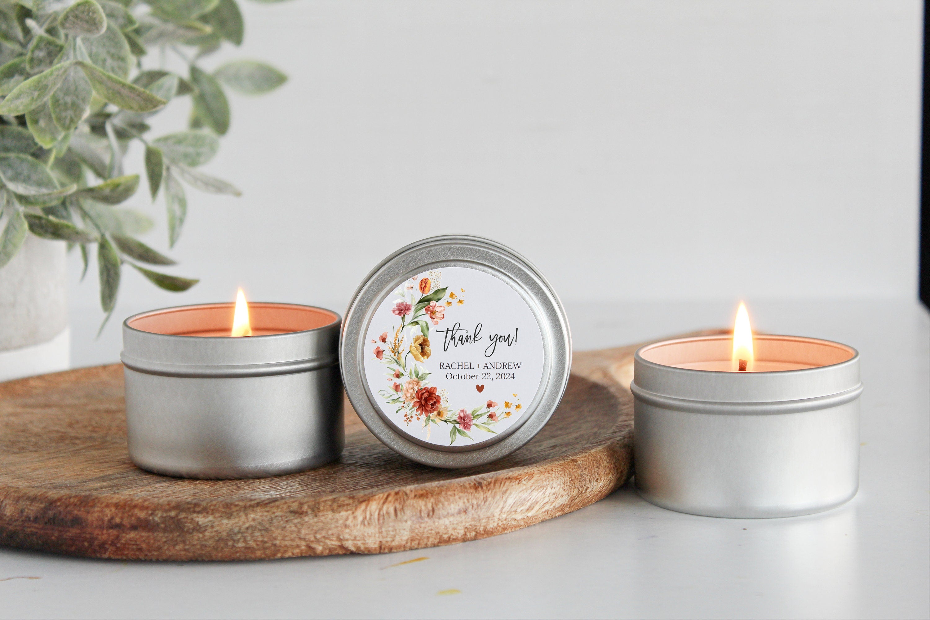 Bulk Wedding Favors for Guests / Set of 10 Candle Favors / Wildflower Candle Favors / Personalized Wedding Favors / Gold Candle Tins