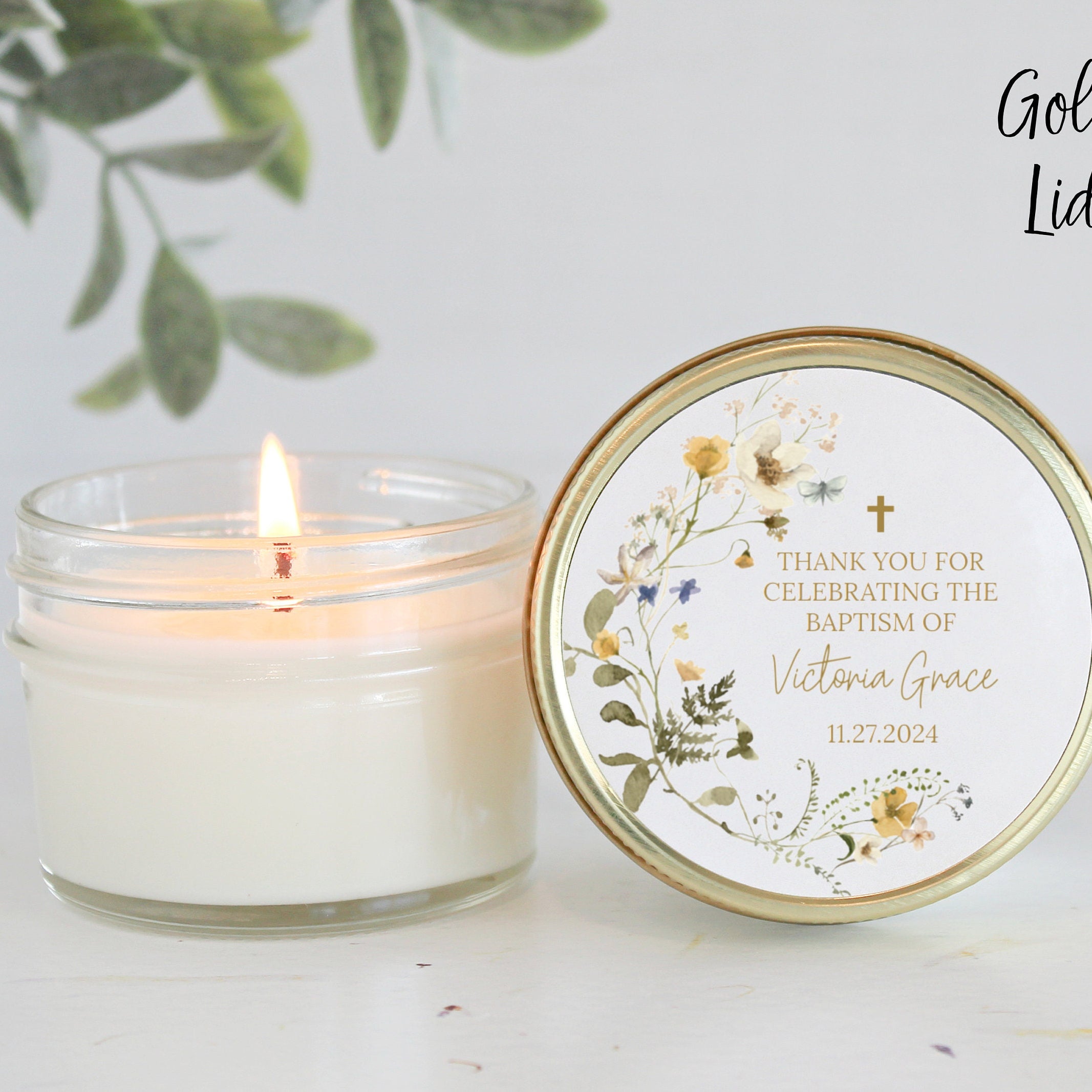 Wildflower Baptism Favors / 4 oz - Soy Candle Favors / Girl Baptism / Communion Favor / Baby Baptism Favor / Personalized Favor