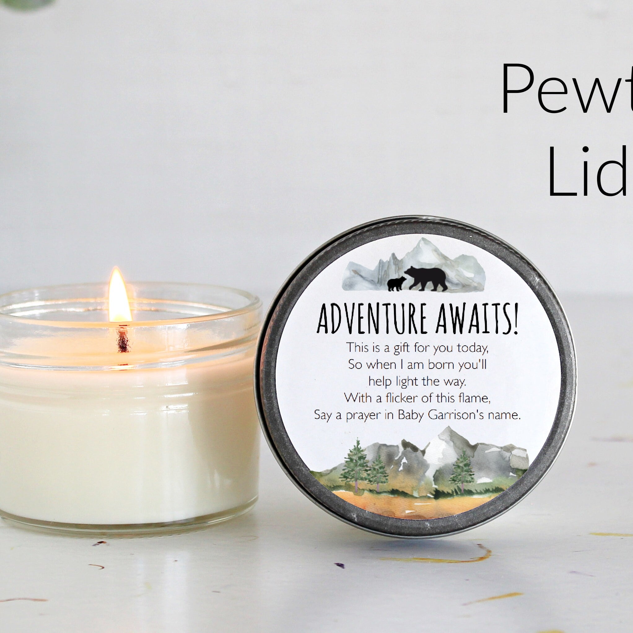 Adventure Baby Shower Favors / Adventure Awaits / Bulk 4 oz Candle Favors / Mountain Baby Shower / Boy Baby Shower / Forest Woodland
