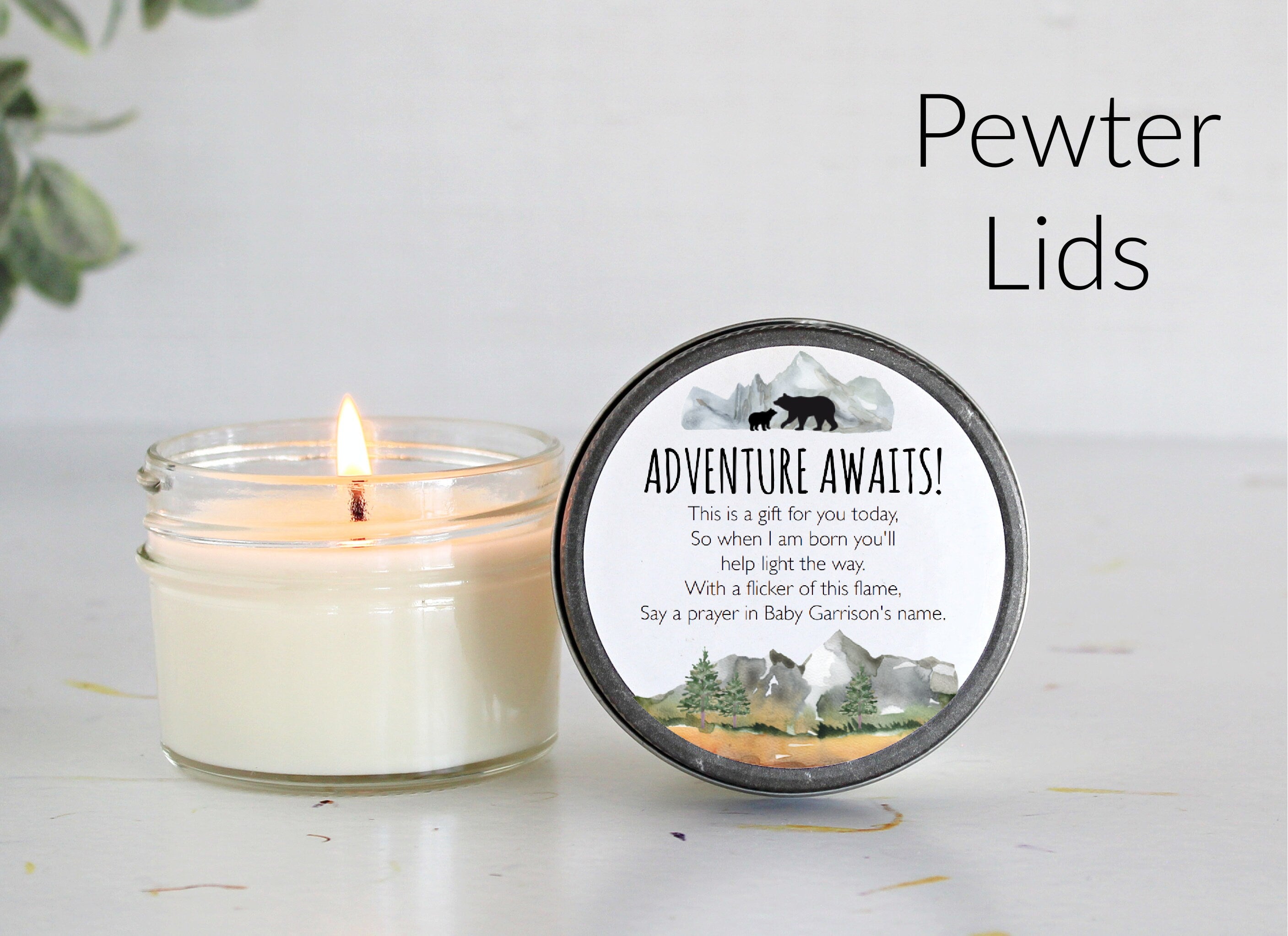 Adventure Baby Shower Favors / Adventure Awaits / Bulk 4 oz Candle Favors / Mountain Baby Shower / Boy Baby Shower / Forest Woodland