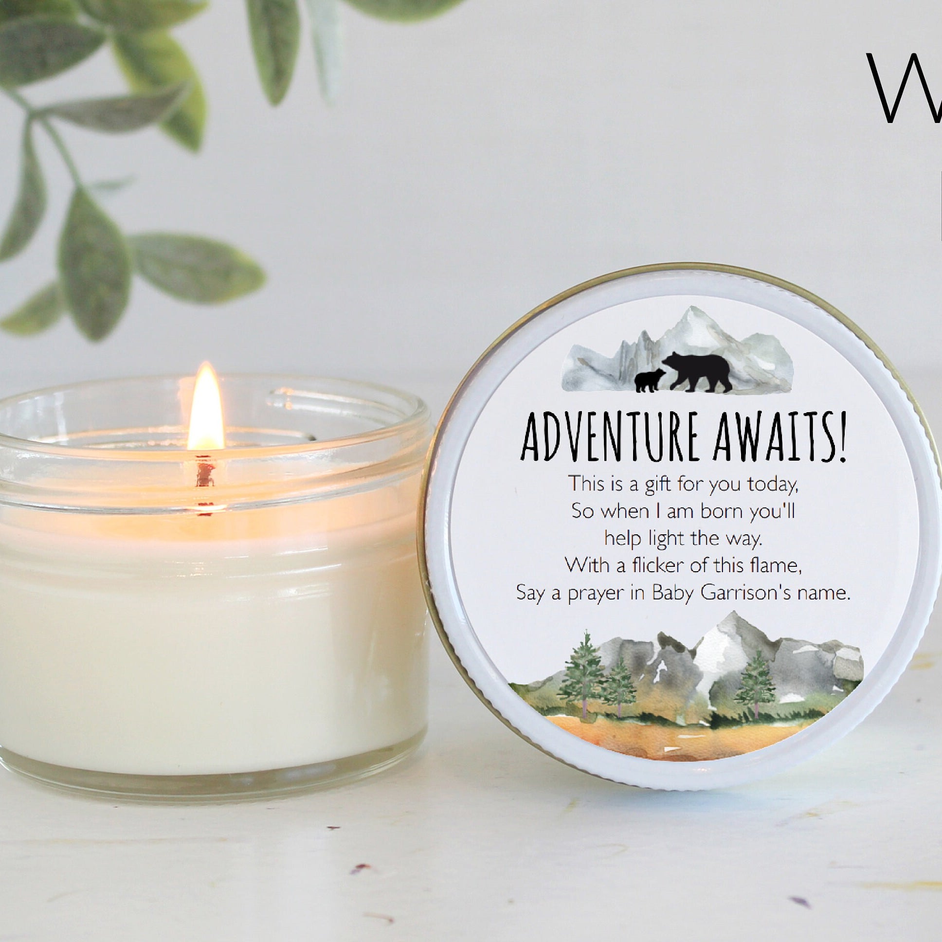 Adventure Baby Shower Favors / Adventure Awaits / Bulk 4 oz Candle Favors / Mountain Baby Shower / Boy Baby Shower / Forest Woodland