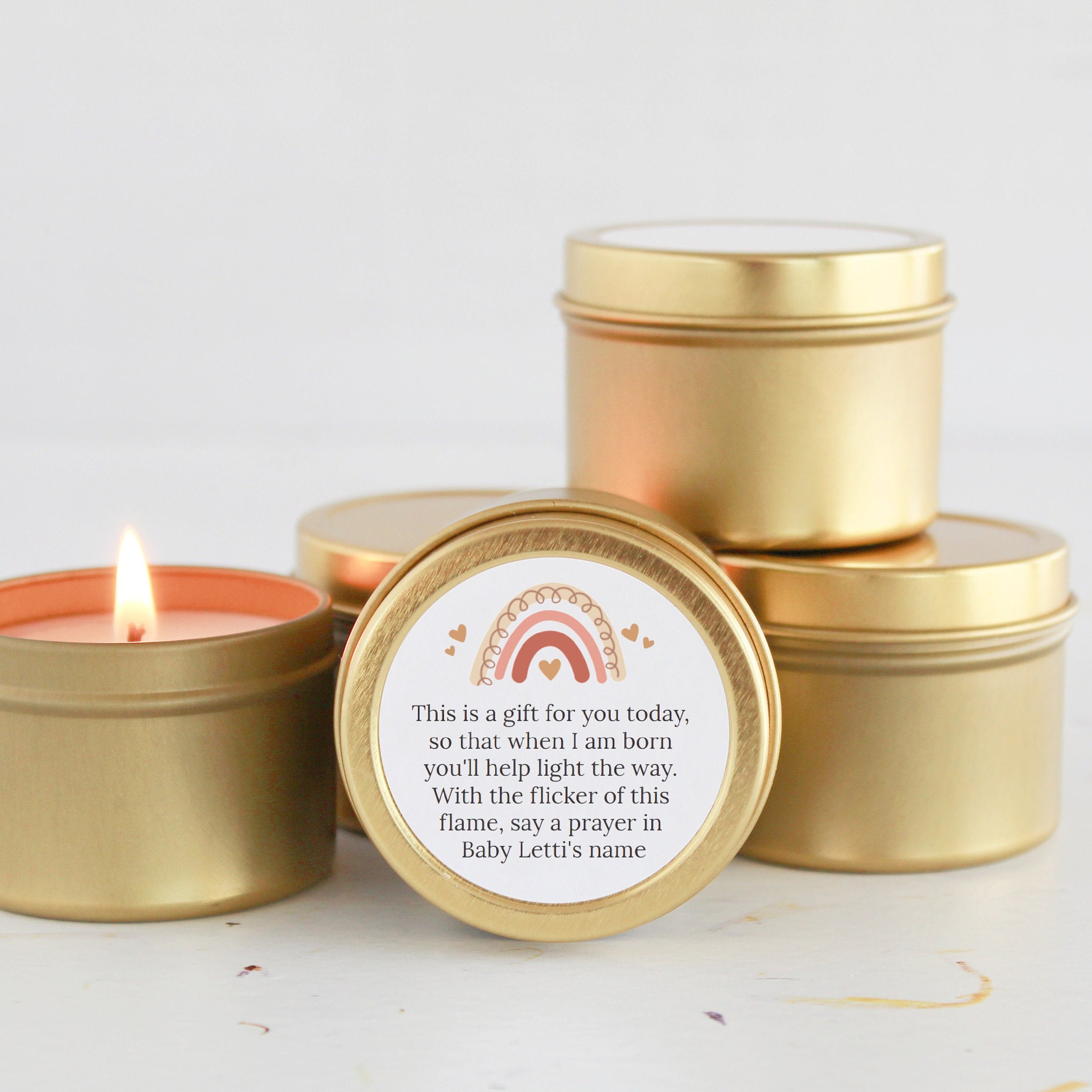 Baby Shower Favors / For Guests Bulk / Boho Rainbow Candle Favors / Baby Boy / Baby Girl / Gold Tins / Unique Favors / Soy Candle /
