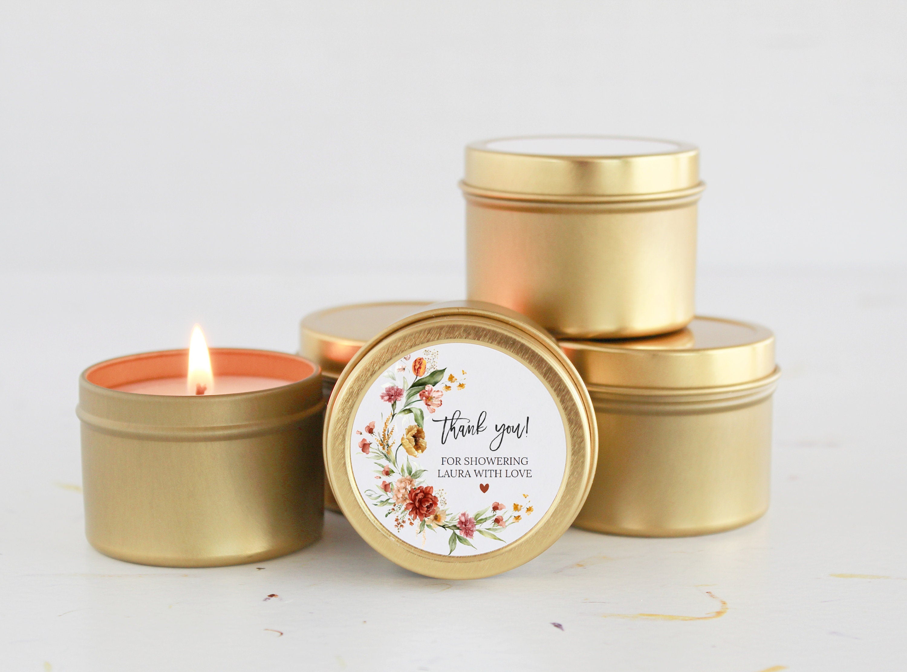 Bulk Wedding Favors for Guests / Set of 10 Candle Favors / Wildflower Candle Favors / Personalized Wedding Favors / Gold Candle Tins