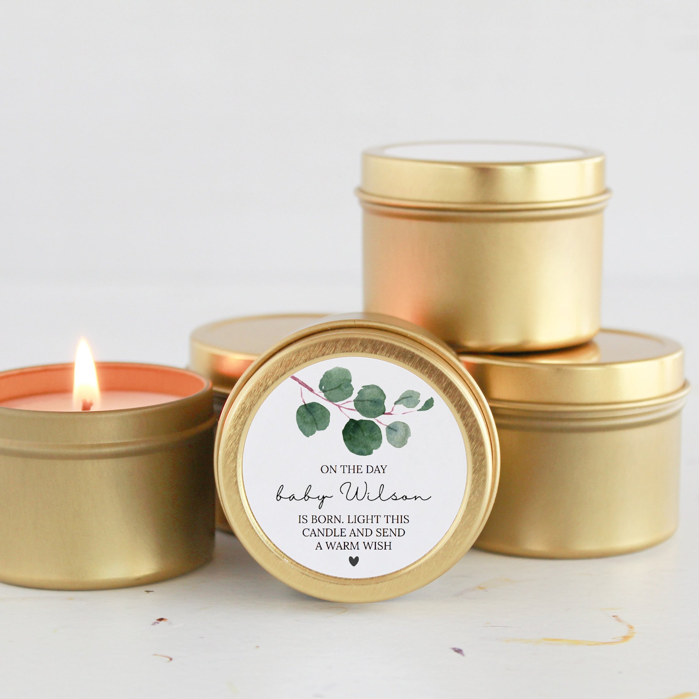 Baby Shower Favors / For Guests Bulk / Prayer Candle Favors / Set of 10 / Baby Boy / Baby Girl / Gold Tins / Soy Candle / Eucalyptus