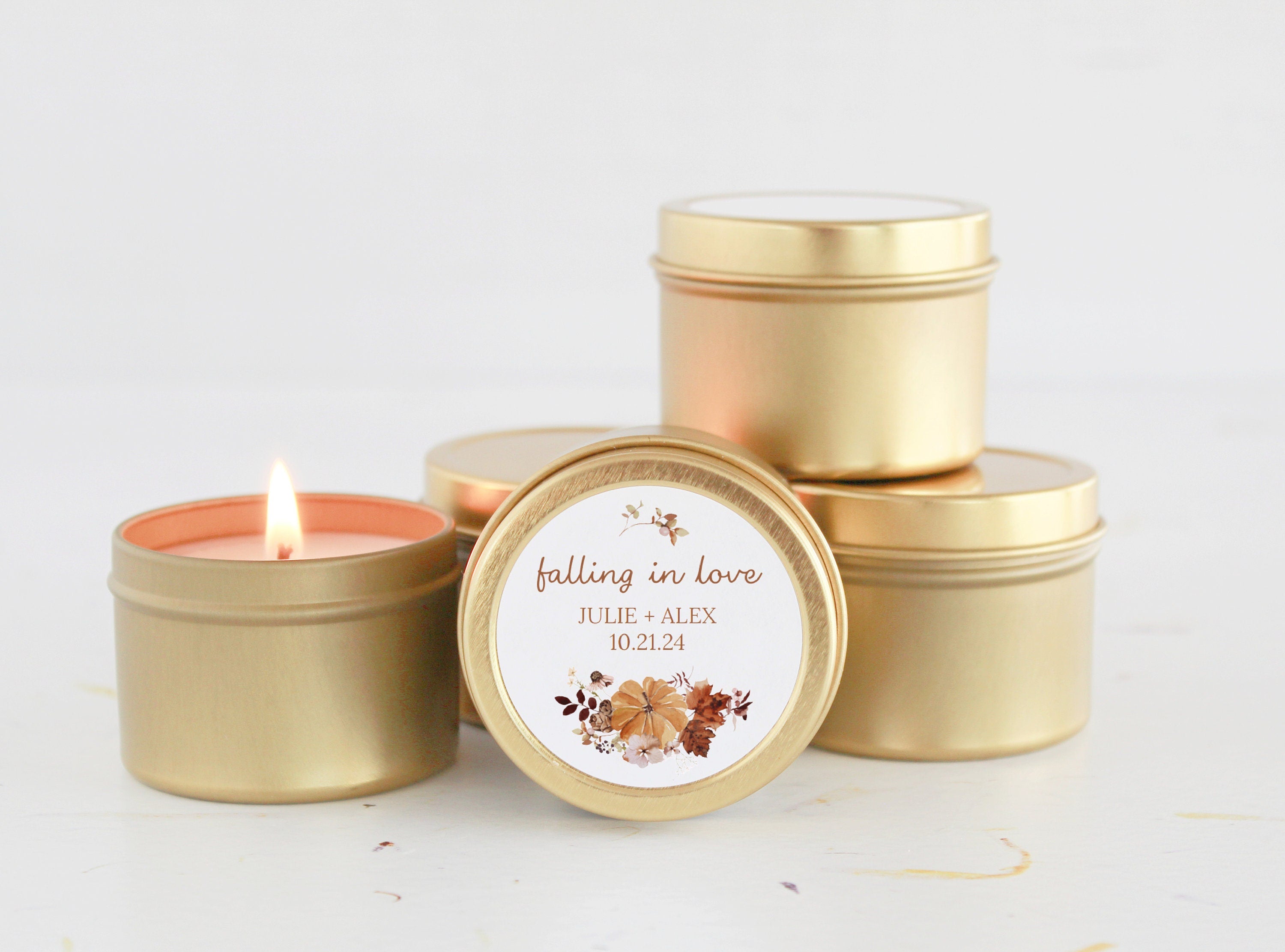 Fall Wedding Favor / Set of 10 Candle Favors / Falling in Love / Bulk Favors For Guests / Personalized Wedding Favors / Gold Candle Tins