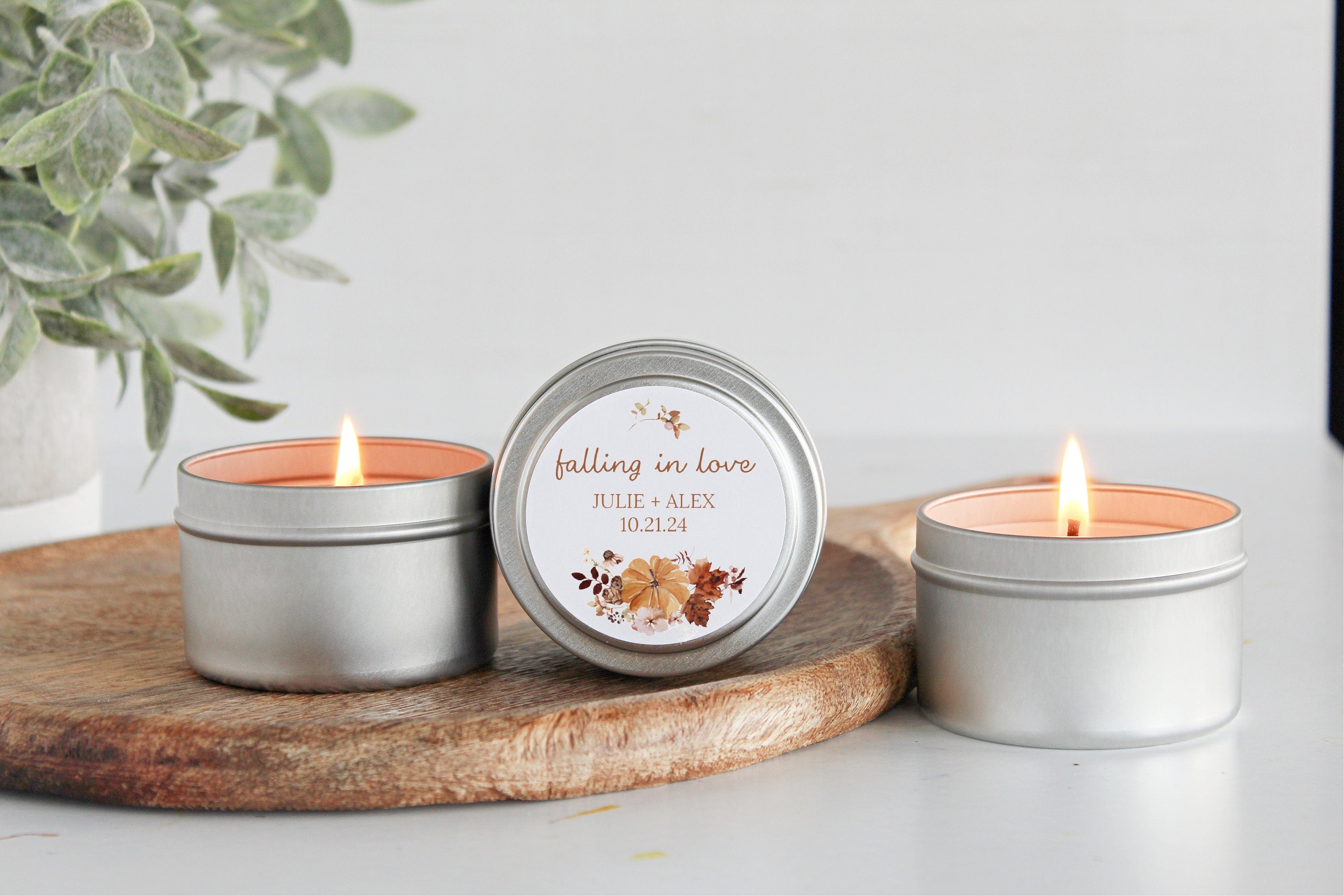 Fall Wedding Favor / Set of 10 Candle Favors / Falling in Love / Bulk Favors For Guests / Personalized Wedding Favors / Gold Candle Tins