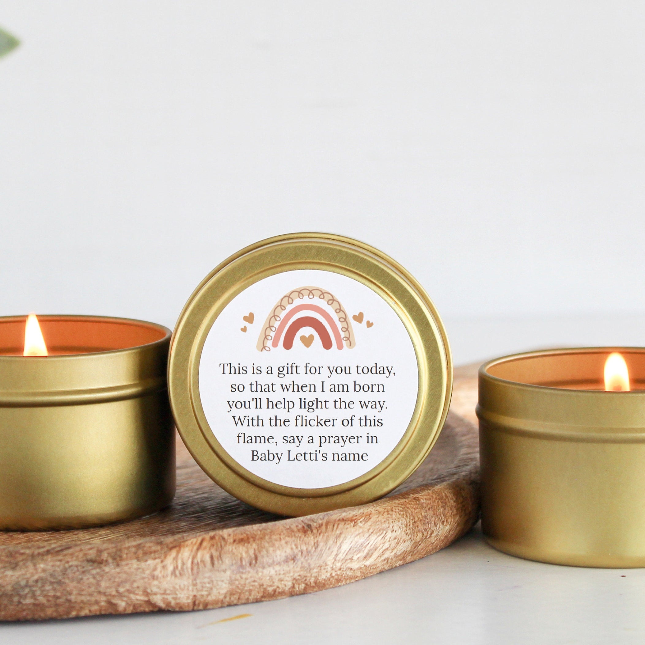 Baby Shower Favors / For Guests Bulk / Boho Rainbow Candle Favors / Baby Boy / Baby Girl / Gold Tins / Unique Favors / Soy Candle /