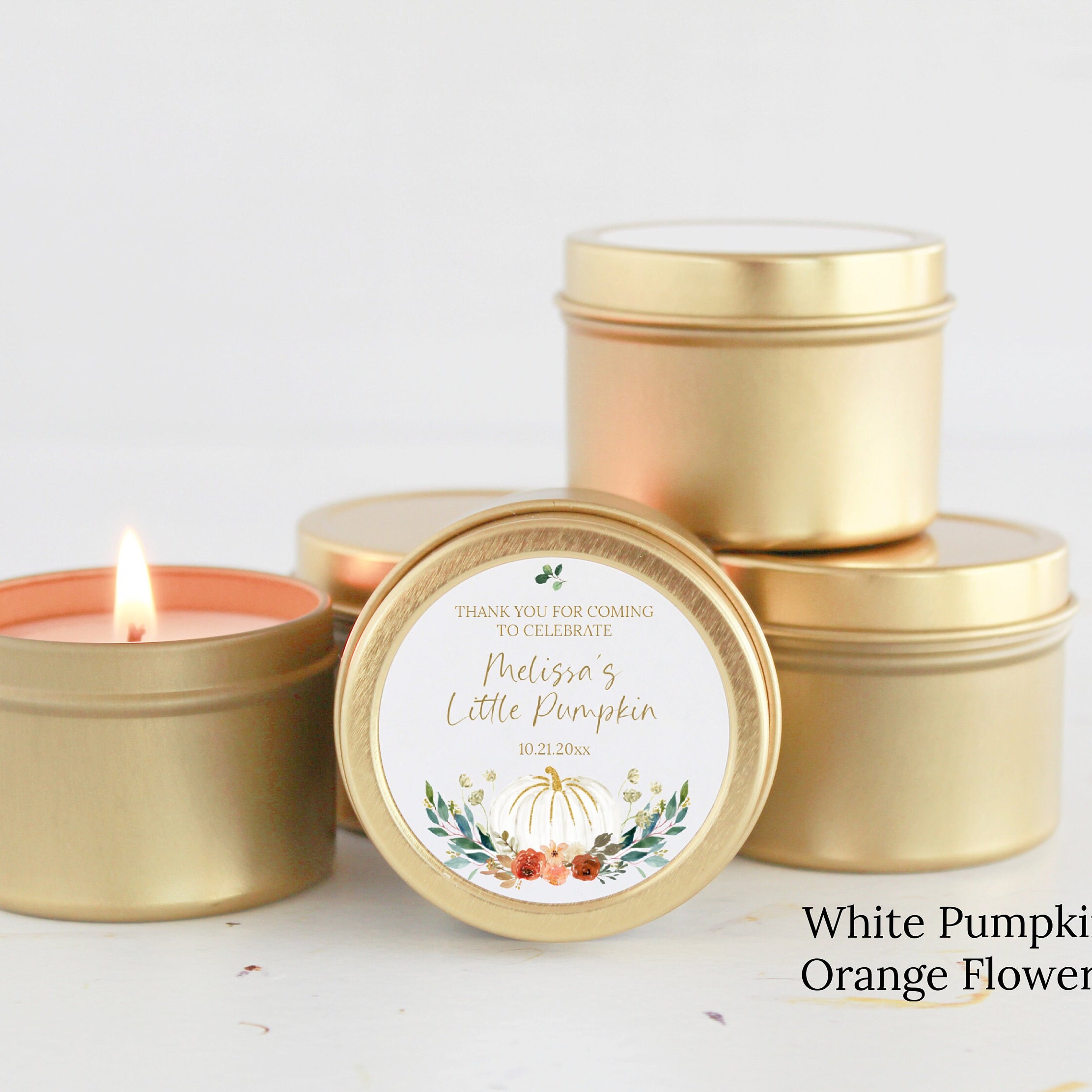 Little Pumpkin Party Favors / For Guests in Bulk / Baby Shower Candles / Pumpkin Favors / Set of 10 / Gold Tin / For Girls / For Boys