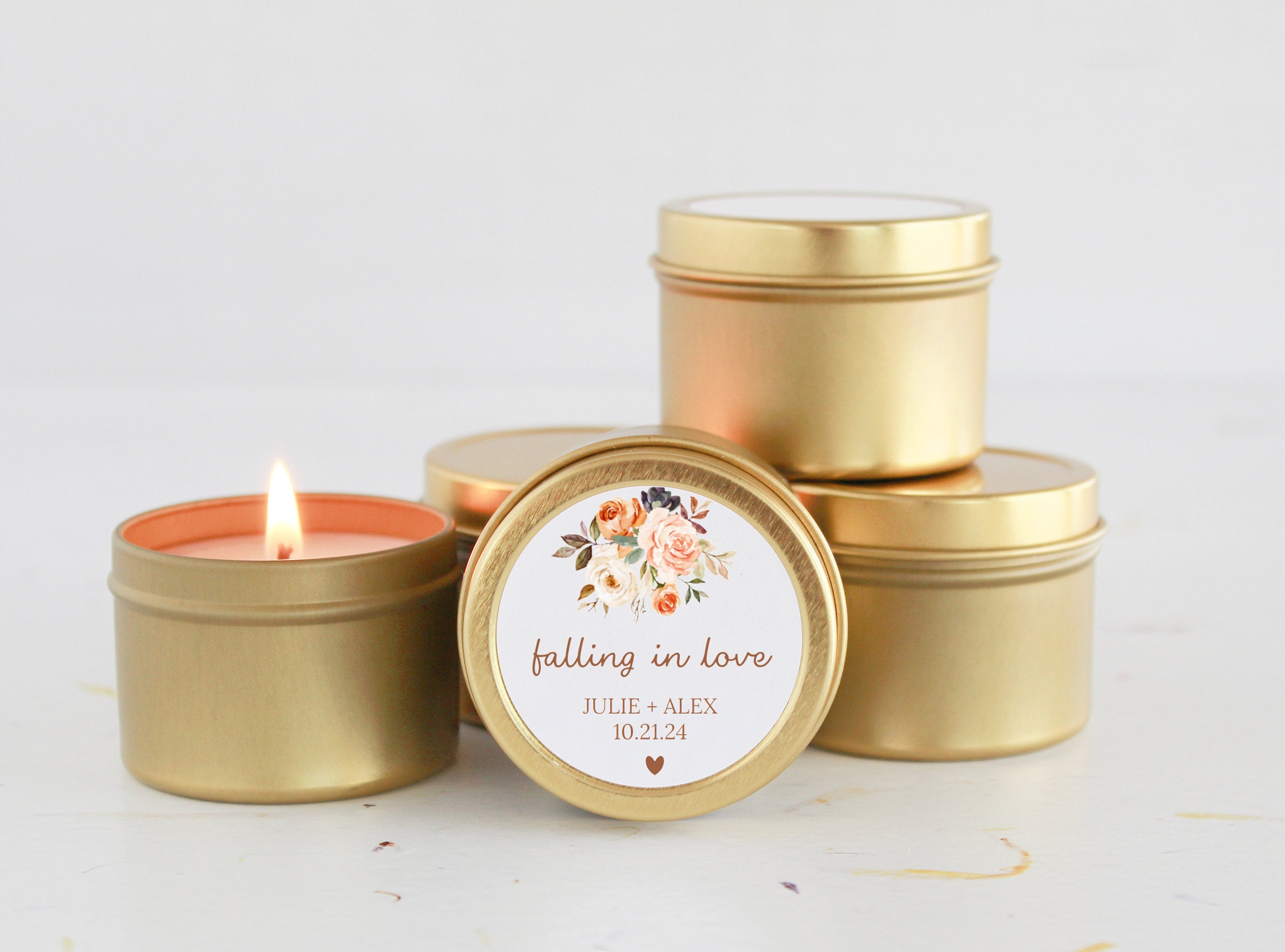 Bulk Wedding Favors for Guests / Set of 10 Candle Favors / Falling in Love / Candle Favors / Personalized Wedding Favors / Gold Candle Tins