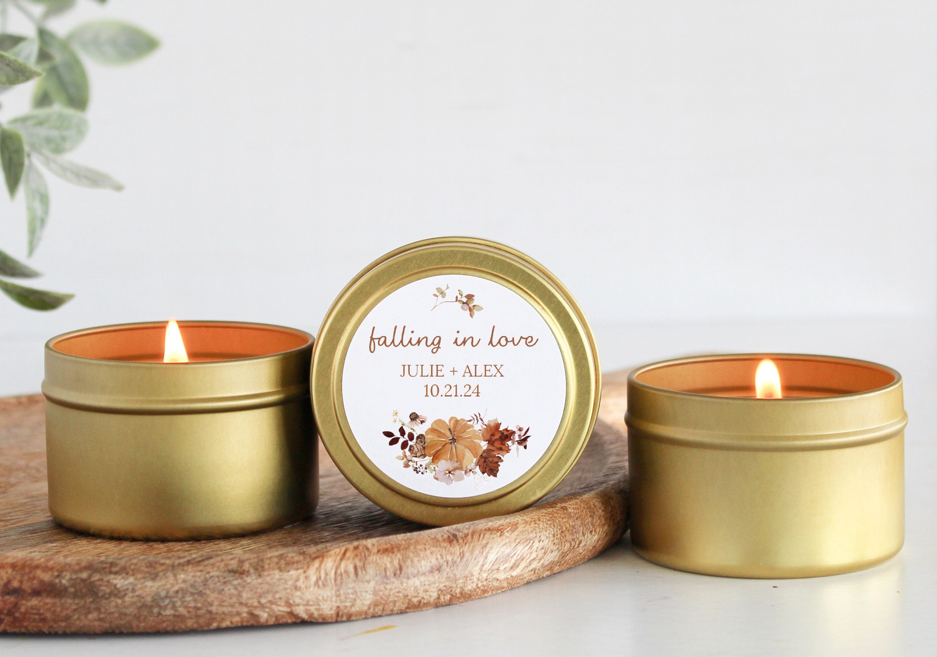 Fall Wedding Favor / Set of 10 Candle Favors / Falling in Love / Bulk Favors For Guests / Personalized Wedding Favors / Gold Candle Tins