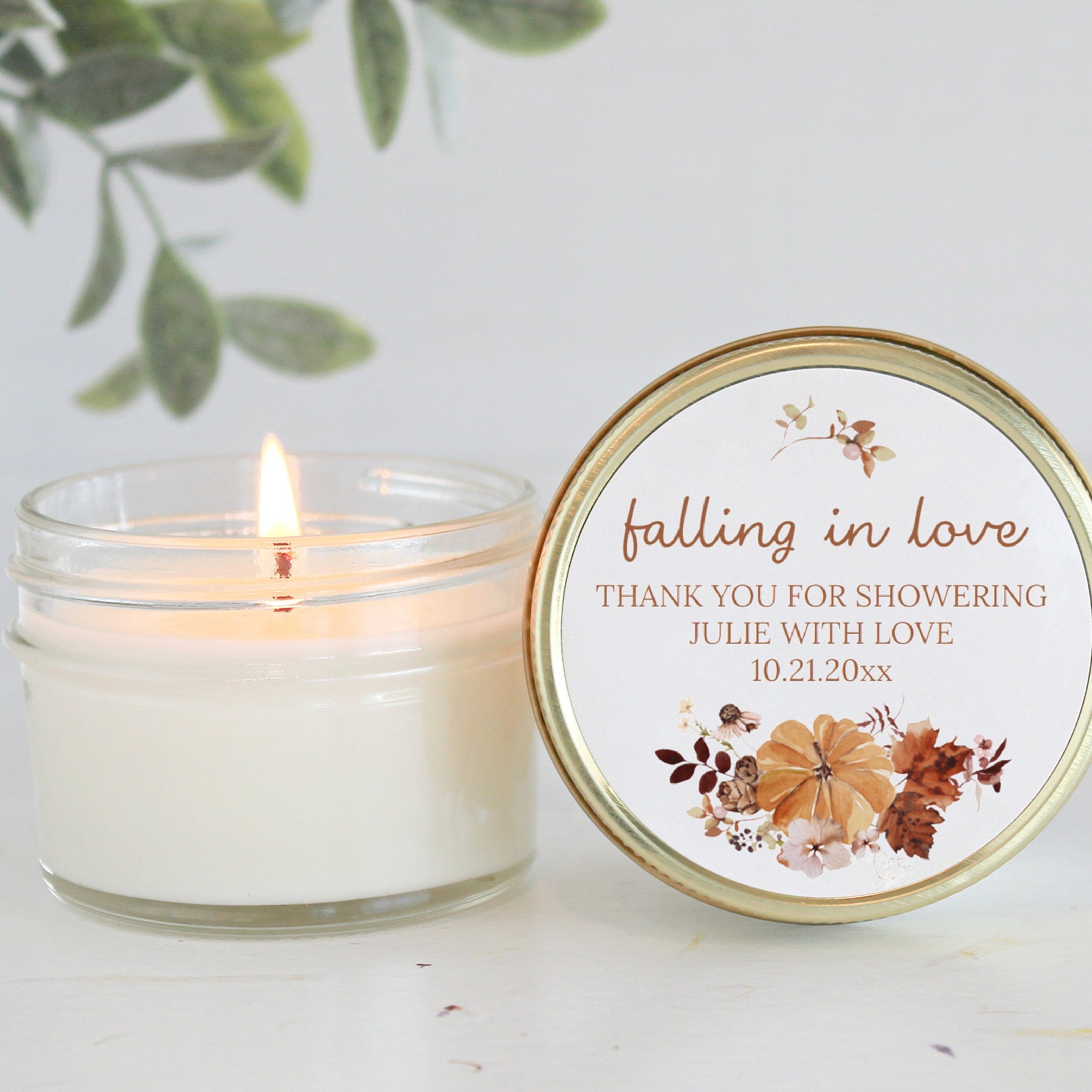 Falling in love Bridal Shower Favors / Personalized 4oz. Candle Favors / Fall Wedding / Wedding Favors for Guests / Party Favors