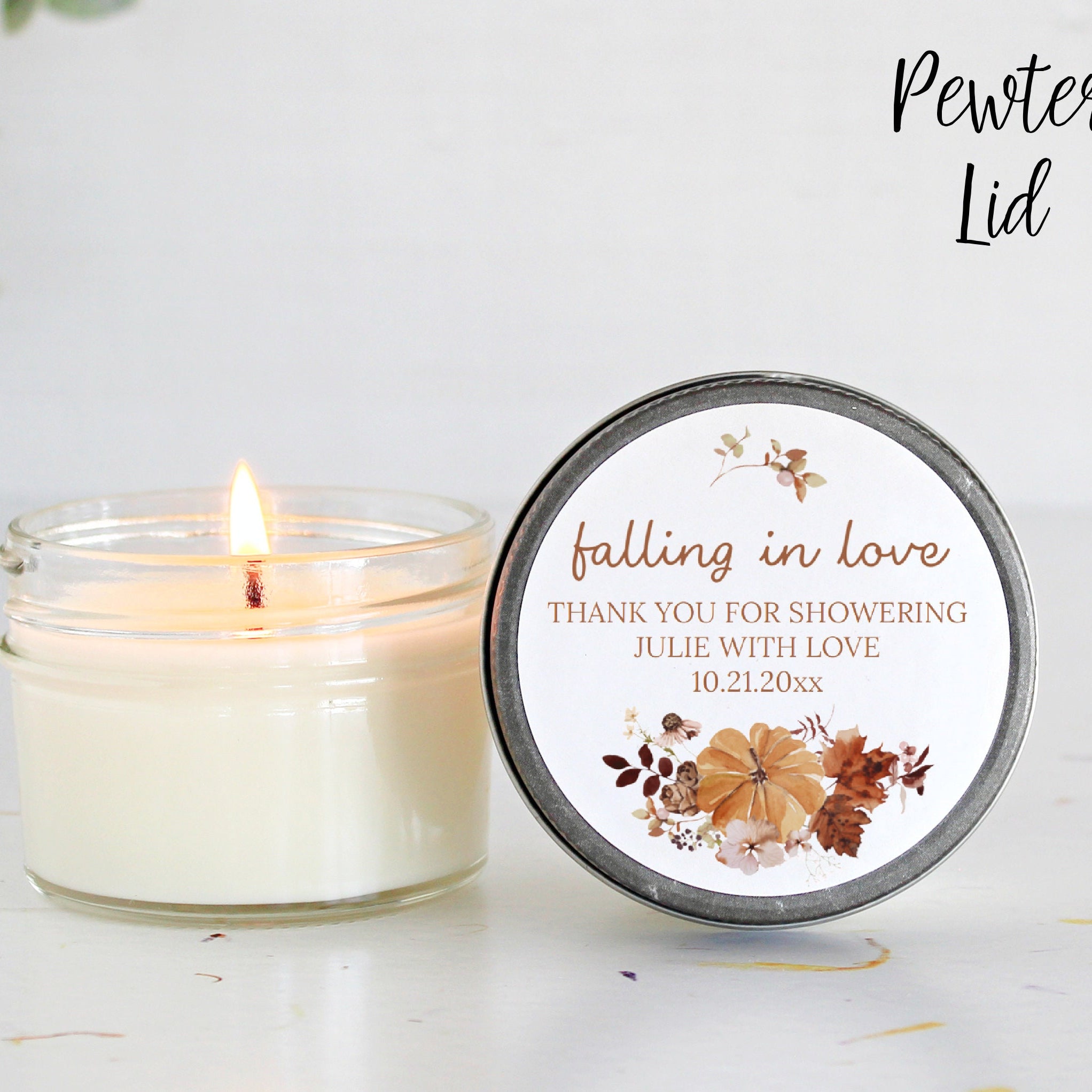 Falling in love Bridal Shower Favors / Personalized 4oz. Candle Favors / Fall Wedding / Wedding Favors for Guests / Party Favors