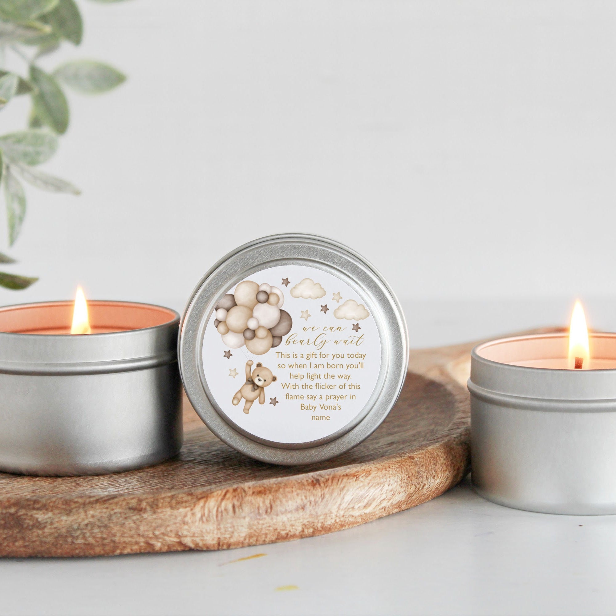 Teddy Bear Baby Shower Favors / For Guests in Bulk / Candle Favors / Baby Boy / Baby Girl / Gold Tins / Unique Favors / Personalized