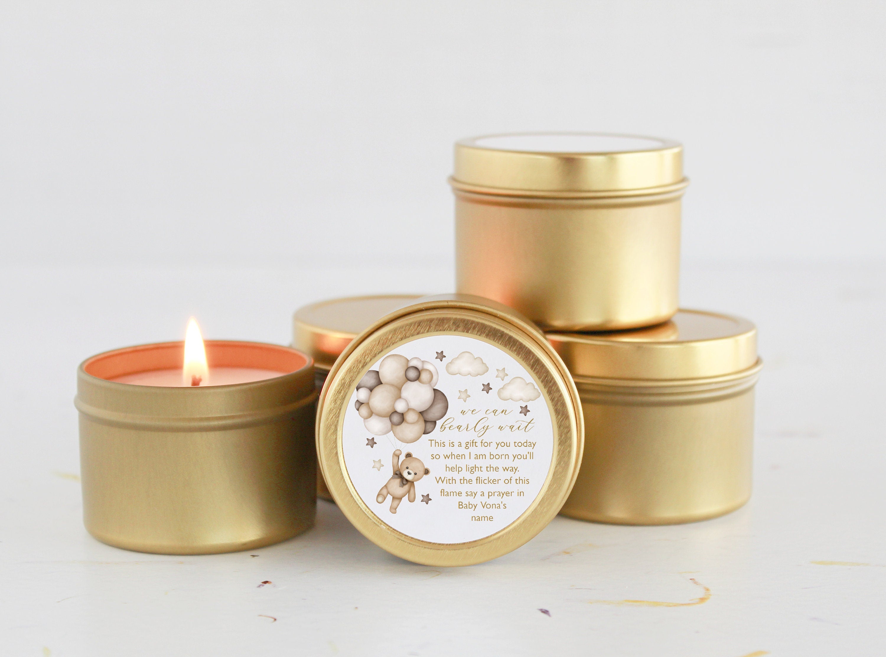 Teddy Bear Baby Shower Favors / For Guests in Bulk / Candle Favors / Baby Boy / Baby Girl / Gold Tins / Unique Favors / Personalized