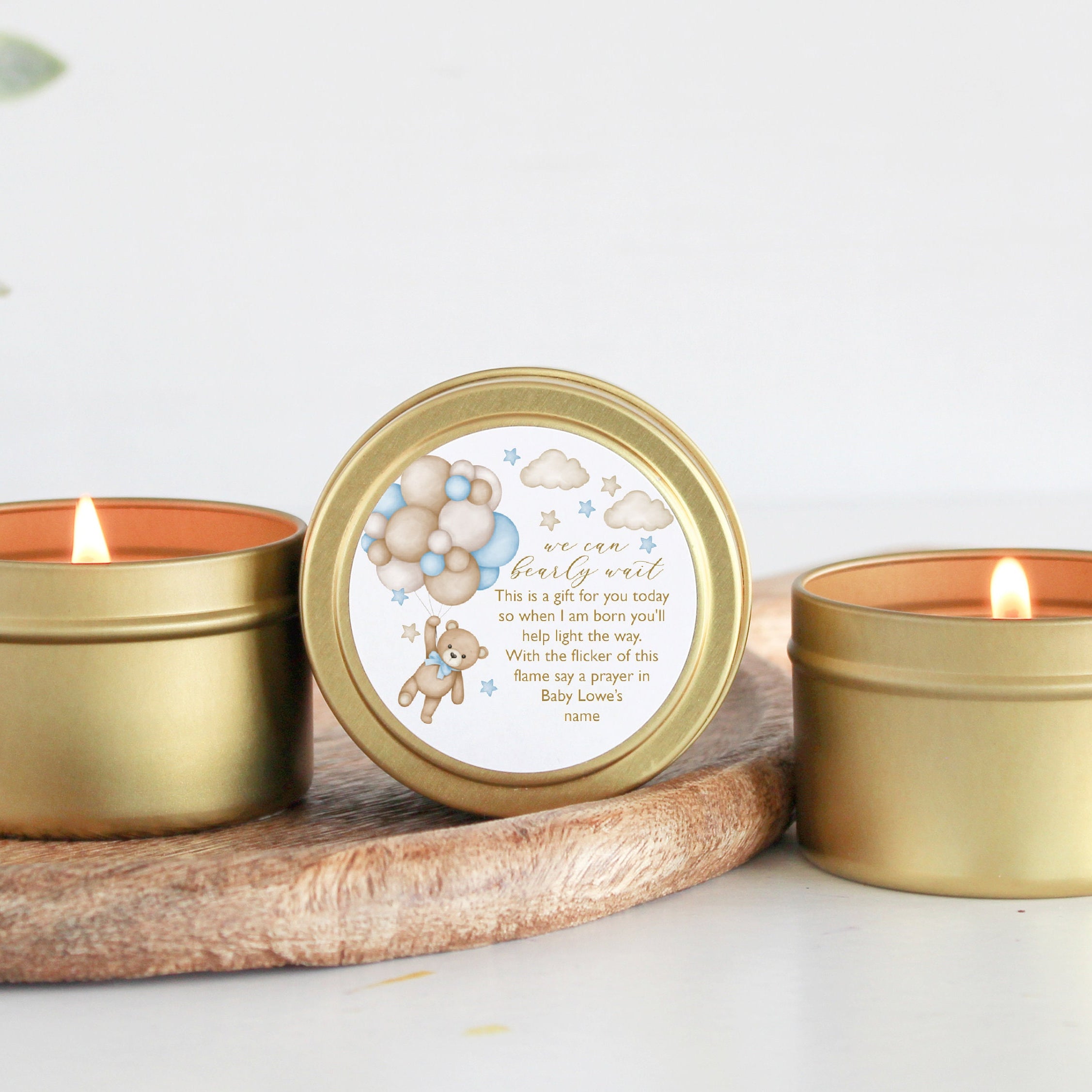 Teddy Bear Baby Shower Favors / For Guests in Bulk / Candle Favors / Baby Boy / Baby Girl / Gold Tins / Unique Favors / Personalized