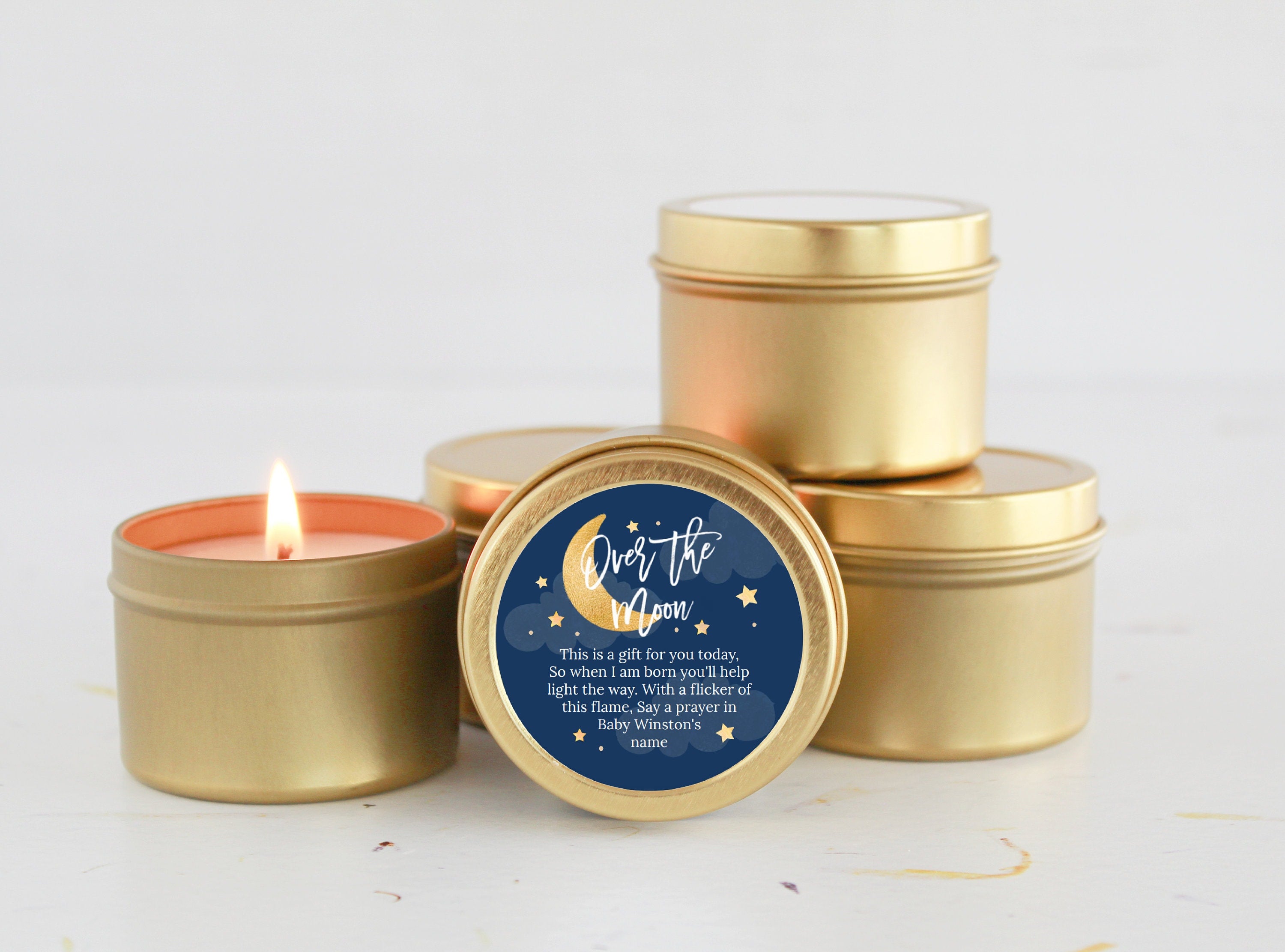 Over the Moon Baby Shower Favors / For Guests in Bulk / Candle Favors / Baby Boy / Baby Girl / Gold Tins / Set of 10 / Personalized