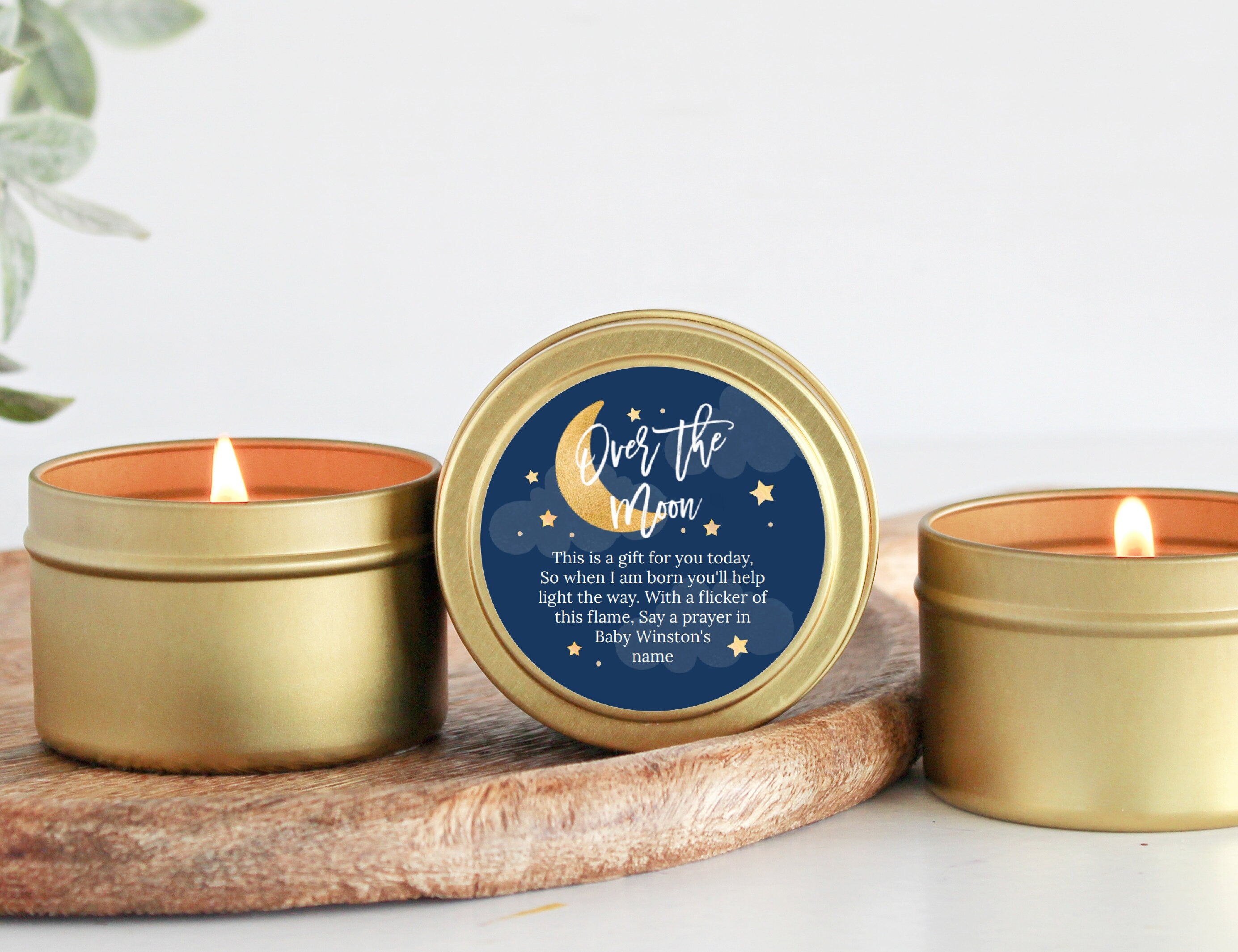 Over the Moon Baby Shower Favors / For Guests in Bulk / Candle Favors / Baby Boy / Baby Girl / Gold Tins / Set of 10 / Personalized