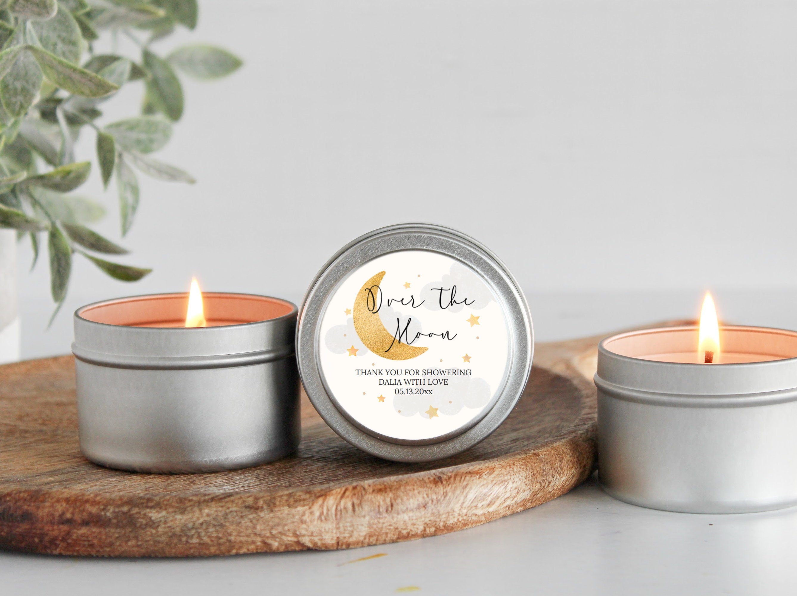 Over the Moon Baby Shower Favors / For Guests in Bulk / Candle Favors / Baby Boy / Baby Girl / Gold Tins / Set of 10 / Personalized