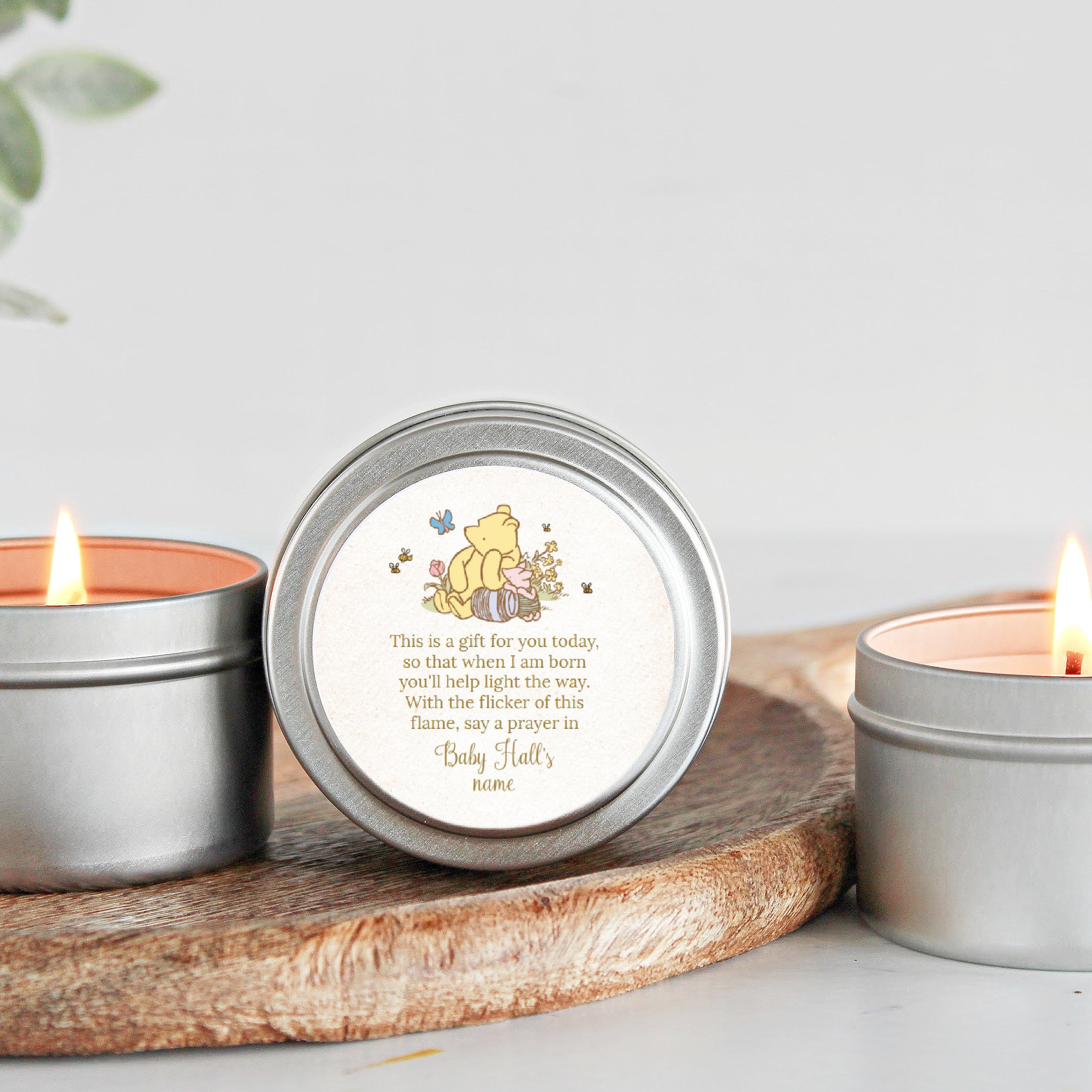 Winnie The Pooh Baby Shower Favors / For Guests in Bulk / Candle Favors / Baby Boy / Baby Girl / Gold Tins / Set of 10 / Personalized