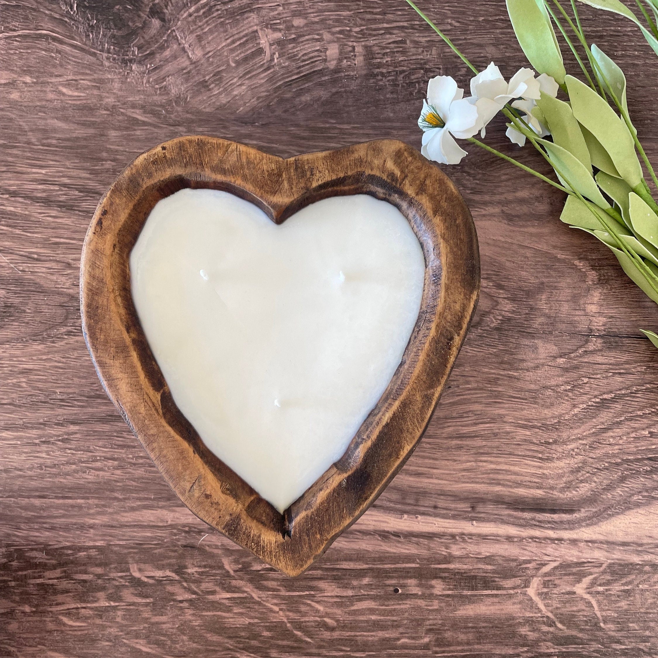Heart Dough Bowl Candle / 3 wick Wood Bowl Candle / Valentines Day Gift / Pure Soy Candle / Scented Candle / Handpoured / Gift for Her