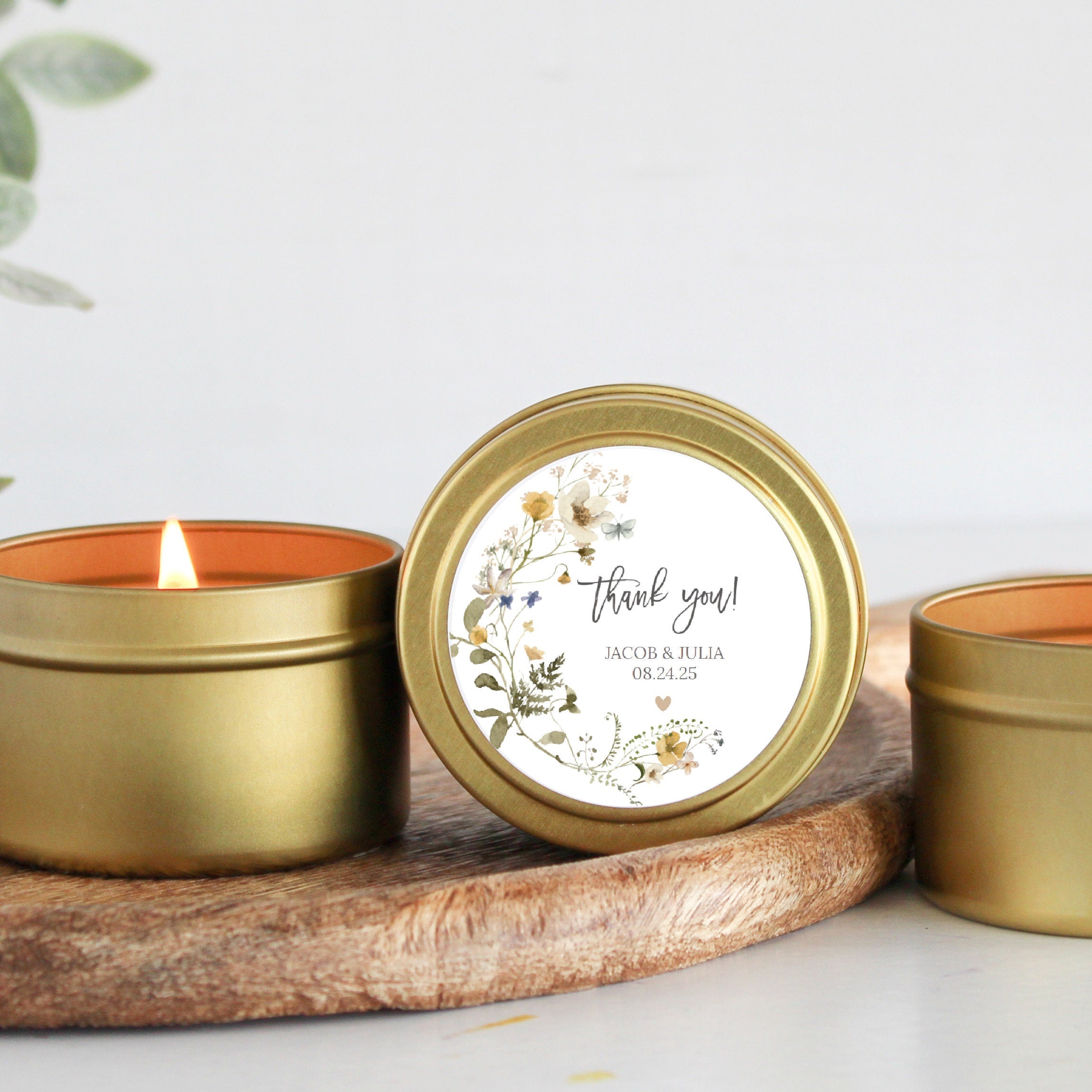 Wildflower Wedding Favors for Guests / Set of 10 Candle Favors / Boho Candle Favors / Personalized Wedding Favors / Gold Candle Tins