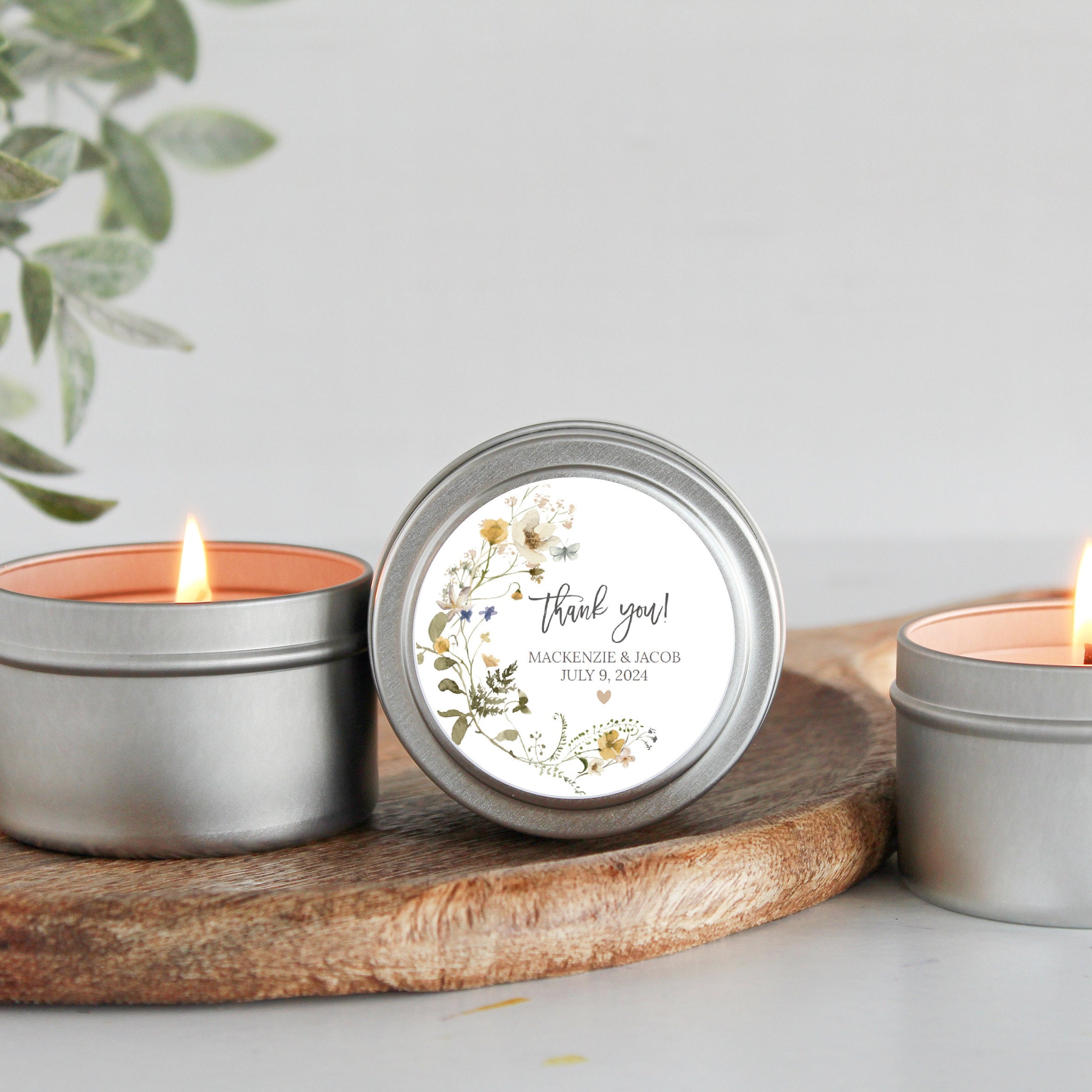 Wildflower Wedding Favors for Guests / Set of 10 Candle Favors / Boho Candle Favors / Personalized Wedding Favors / Gold Candle Tins