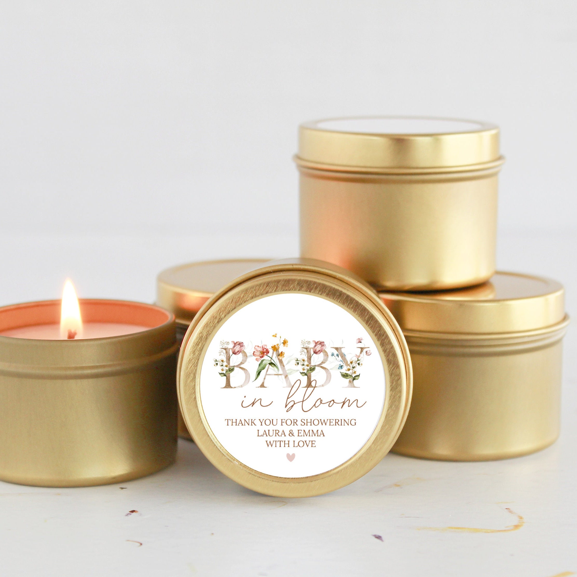 Baby in Bloom / Baby Shower Favors / For Guests Bulk / Soy Candle Favors / Baby Boy / Baby Girl / Set of 10 / Gold & Silver Tins / Unique