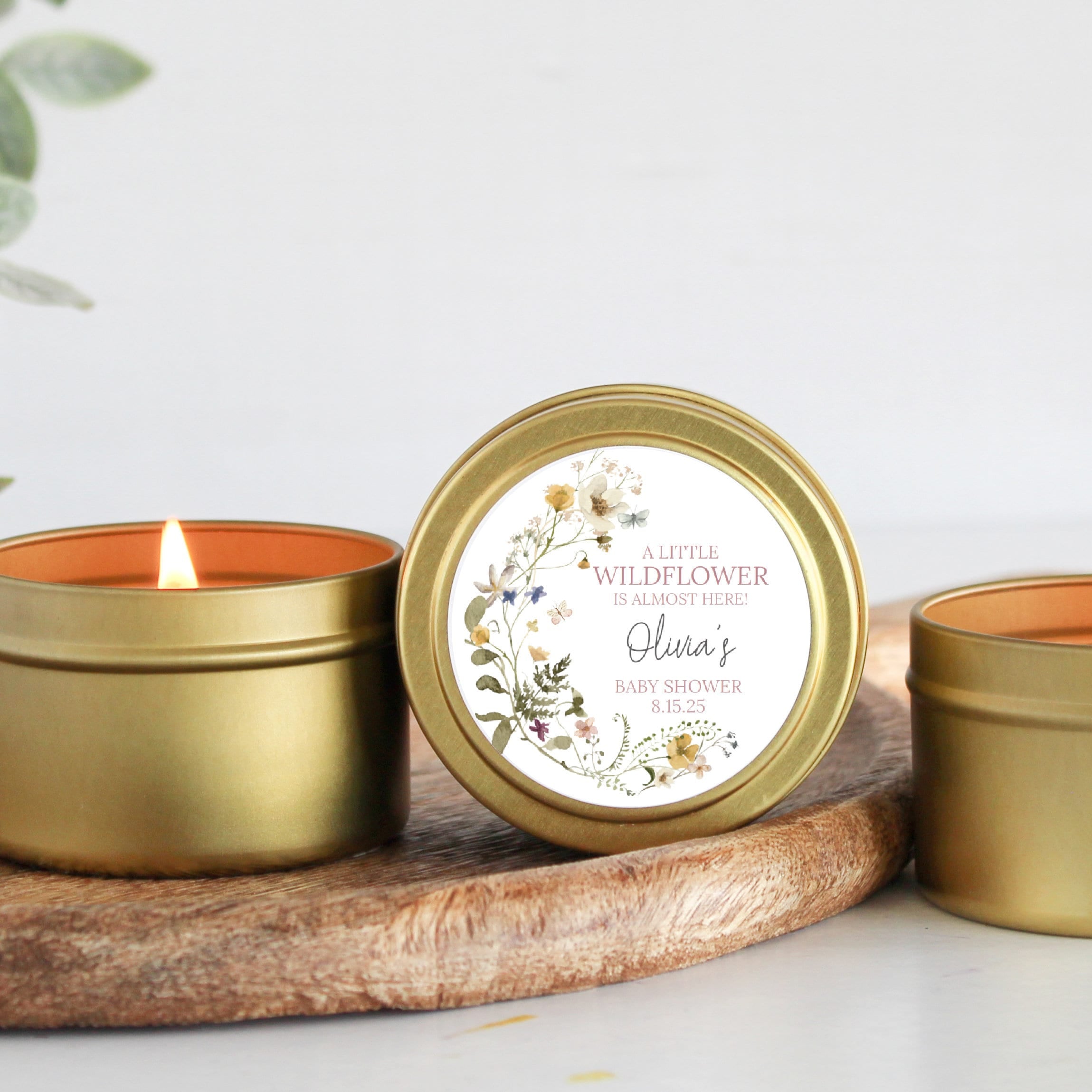 Wildflower Baby Shower Favors / For Guests Bulk / Soy Candle Favors / Baby In Bloom / Baby Girl / Set of 10 / Gold & Silver Tins / Unique