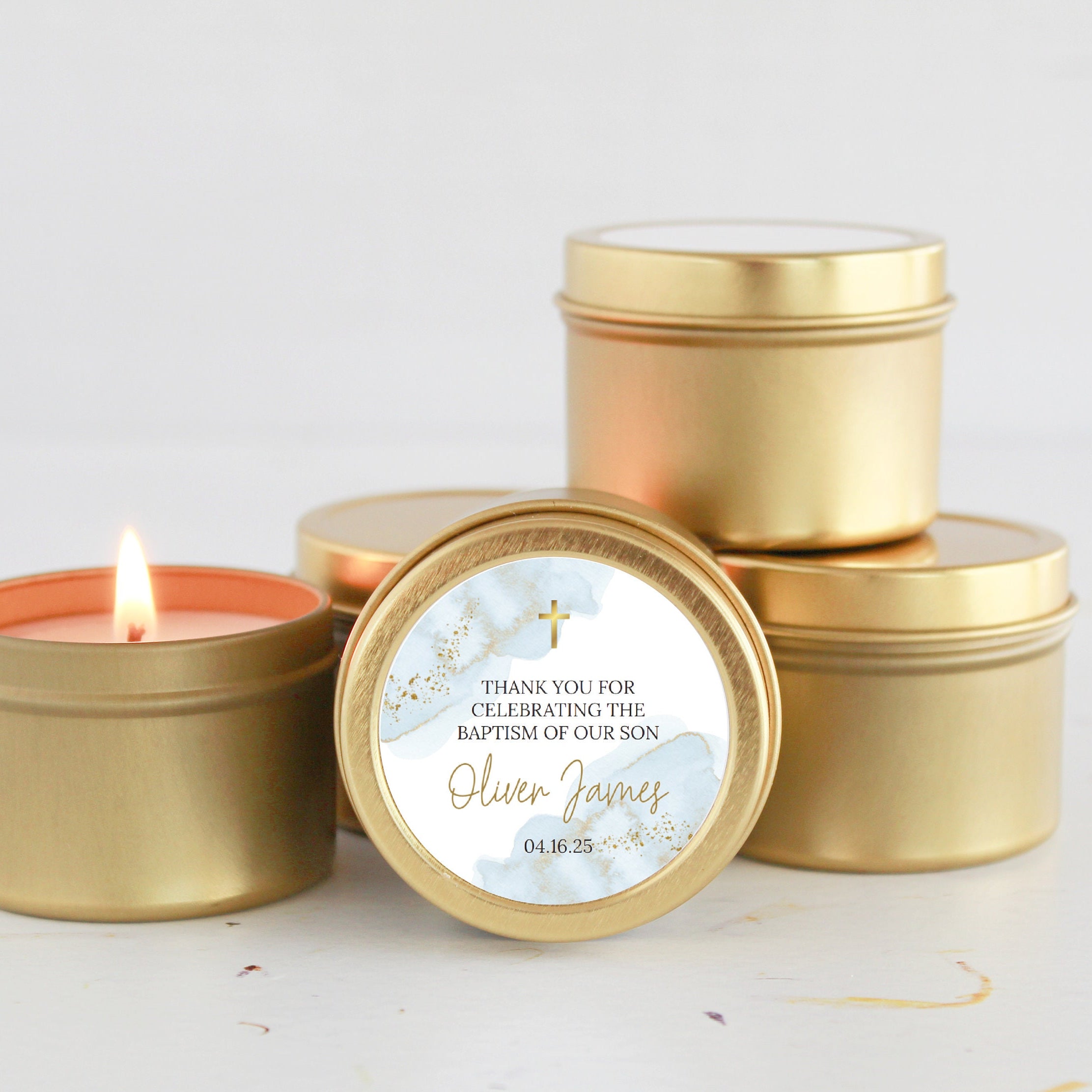 Baptism Favors / For Guests Bulk / Set of 10 Candle Favors / Christening for Boys / Gold Tins / Soy Candle / Communion Favors