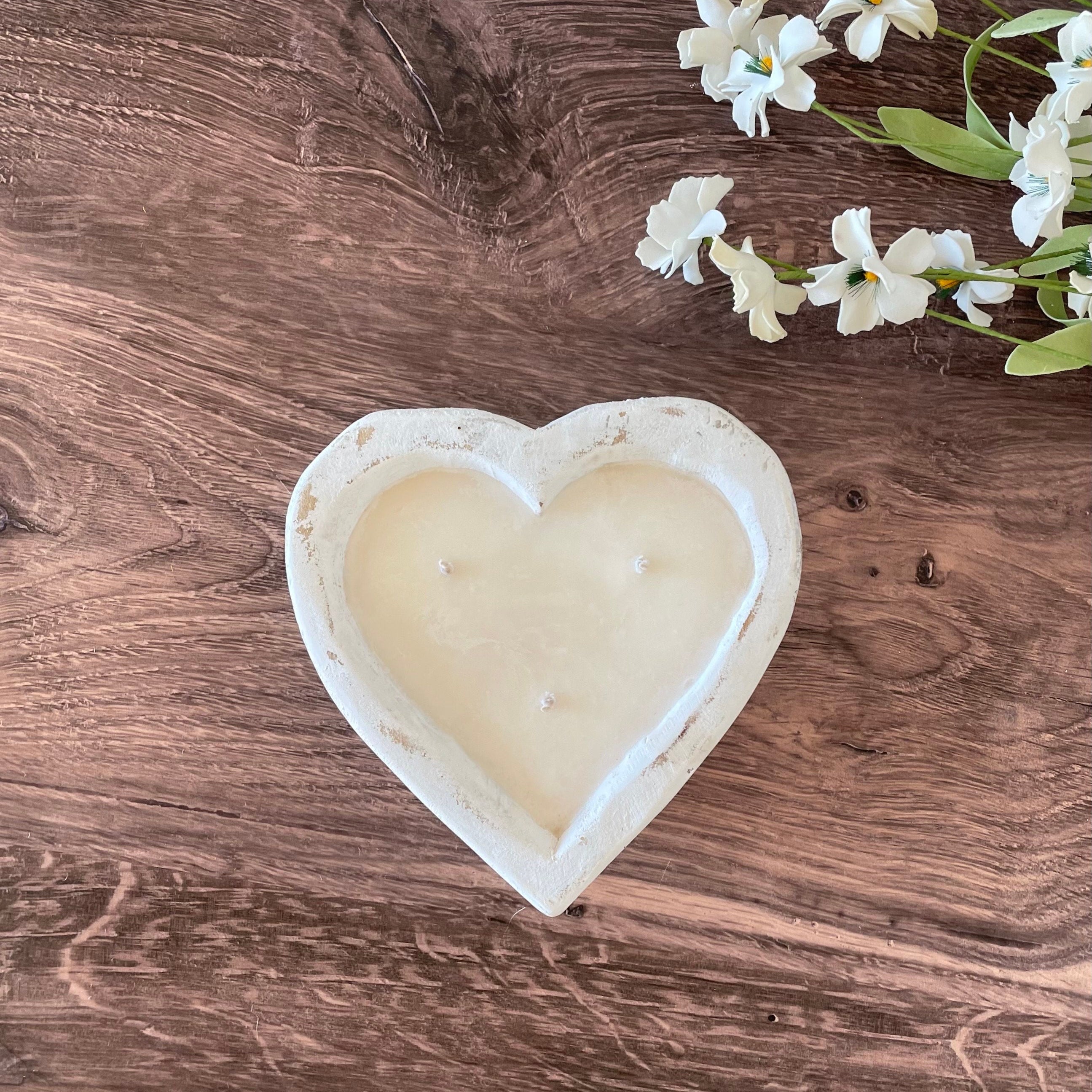 Heart Dough Bowl Candle / 3 wick Wood Bowl Candle / Valentines Day Gift / Pure Soy Candle / Scented Candle / Handpoured / Gift for Her