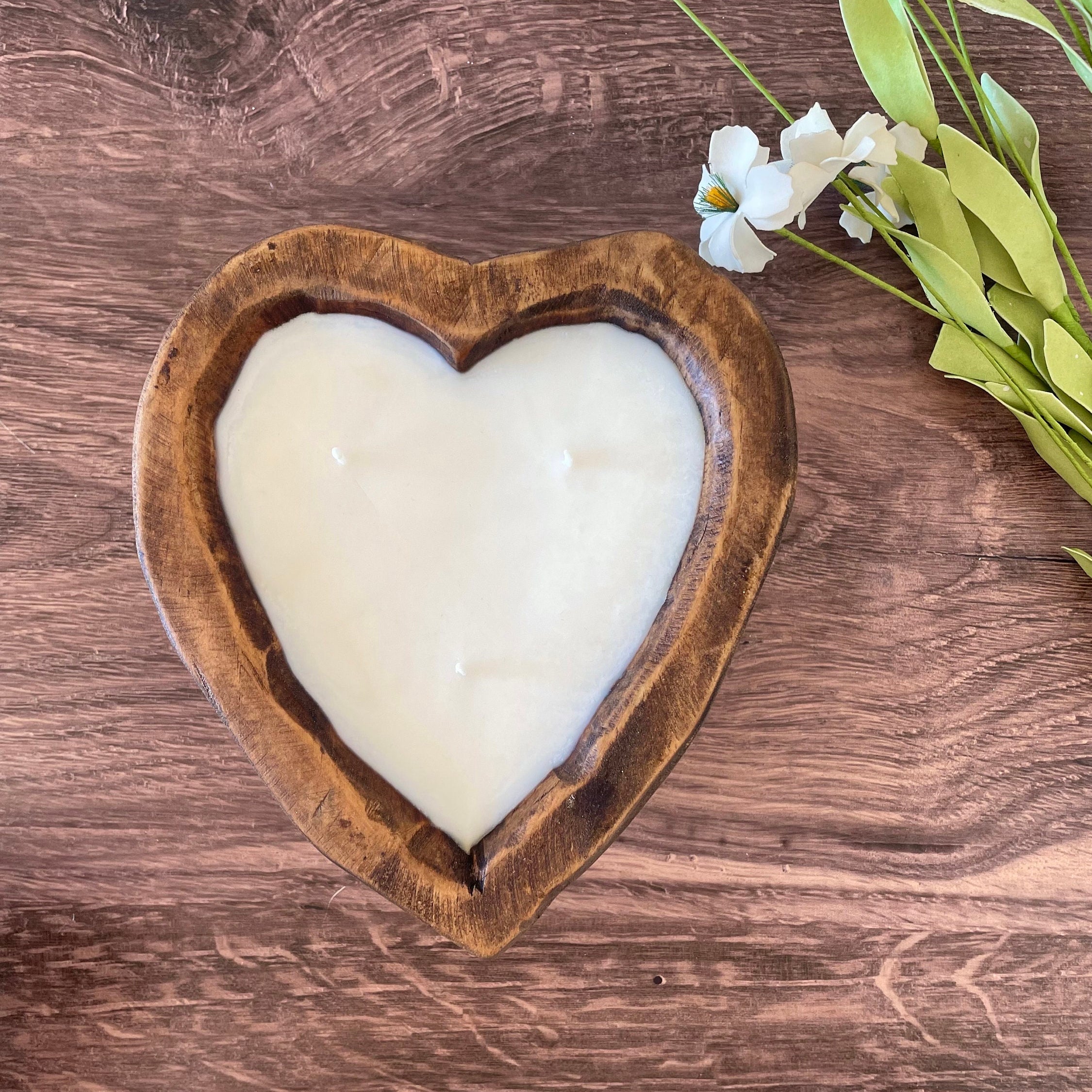 Heart Dough Bowl Candle / 3 wick Wood Bowl Candle / Valentines Day Gift / Pure Soy Candle / Scented Candle / Handpoured / Gift for Her
