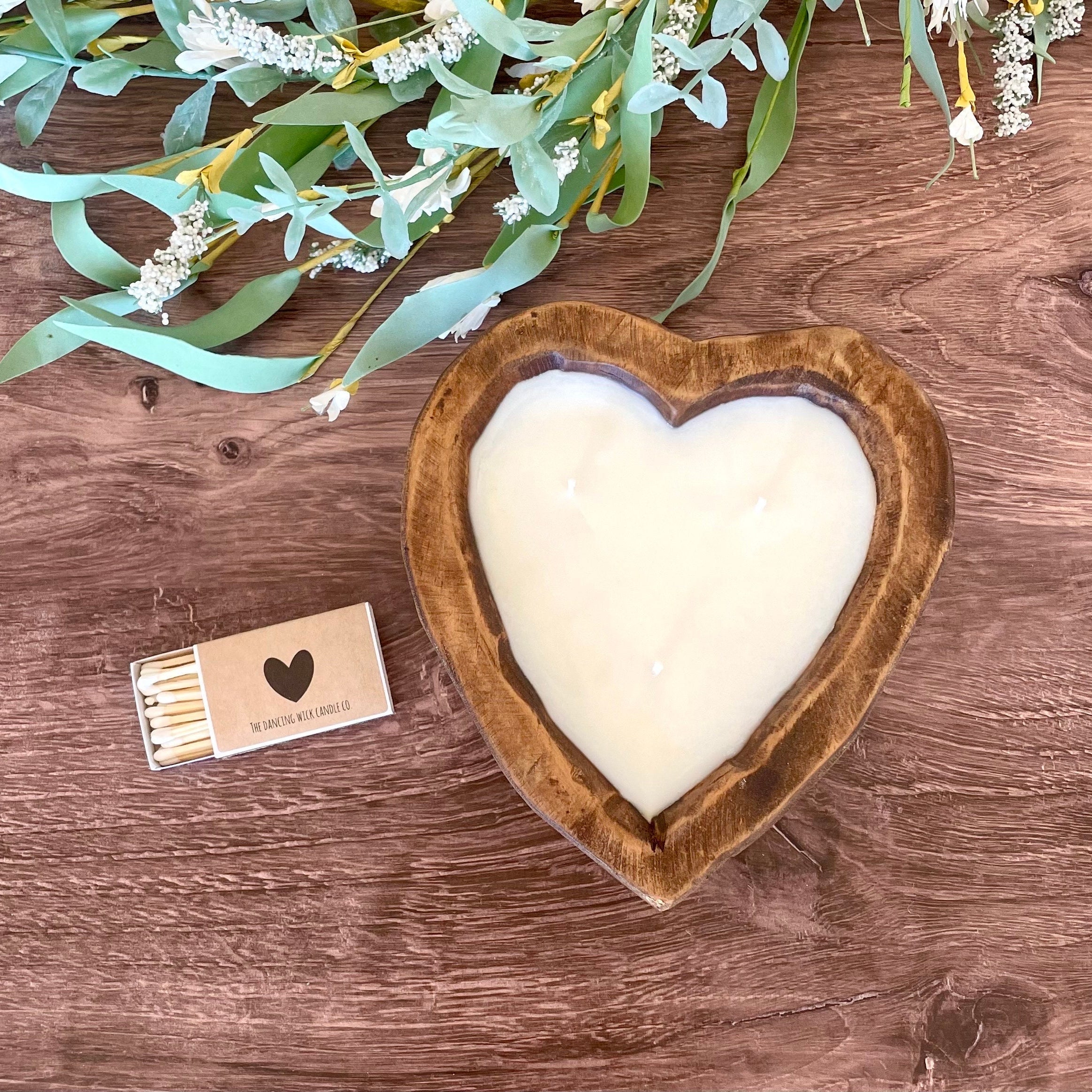 Heart Dough Bowl Candle / 3 wick Wood Bowl Candle / Valentines Day Gift / Pure Soy Candle / Scented Candle / Handpoured / Gift for Her