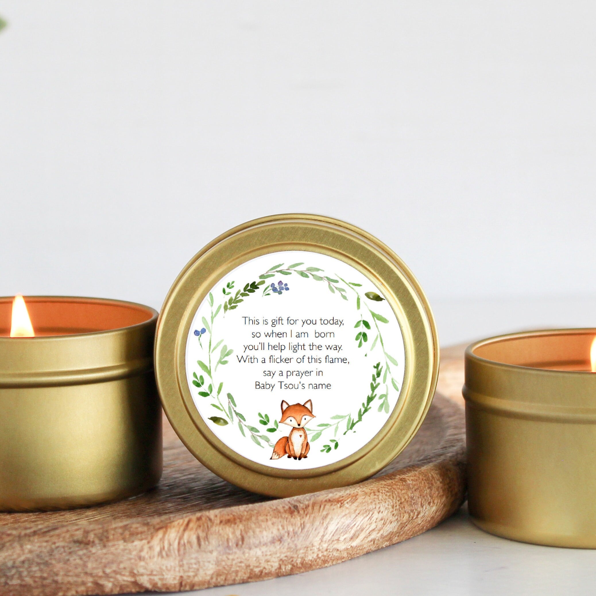 Woodland Fox Baby Shower Favors / For Guests Bulk / Soy Candle Favors / Baby Boy / Baby Girl / Set of 10 / Gold & Silver Tins / Unique