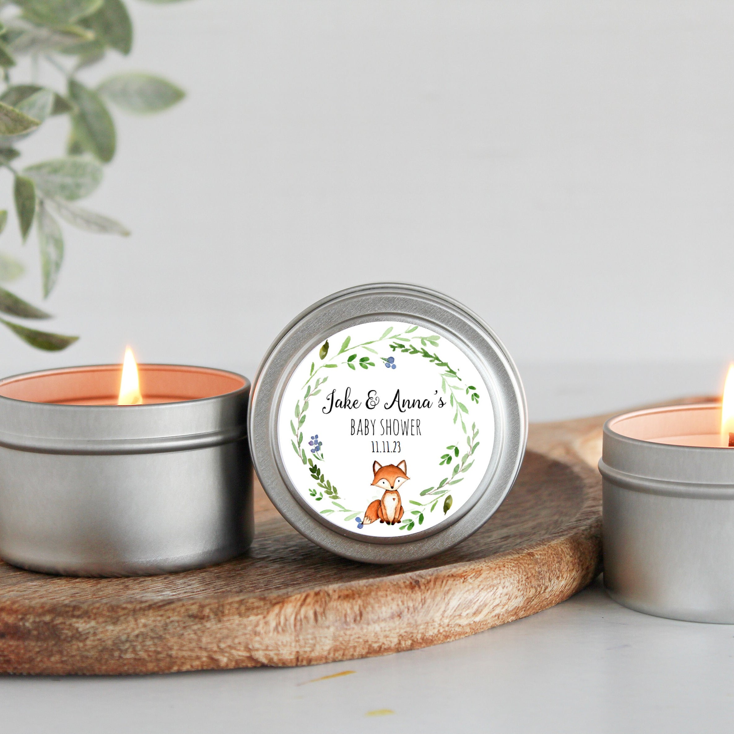 Woodland Fox Baby Shower Favors / For Guests Bulk / Soy Candle Favors / Baby Boy / Baby Girl / Set of 10 / Gold & Silver Tins / Unique