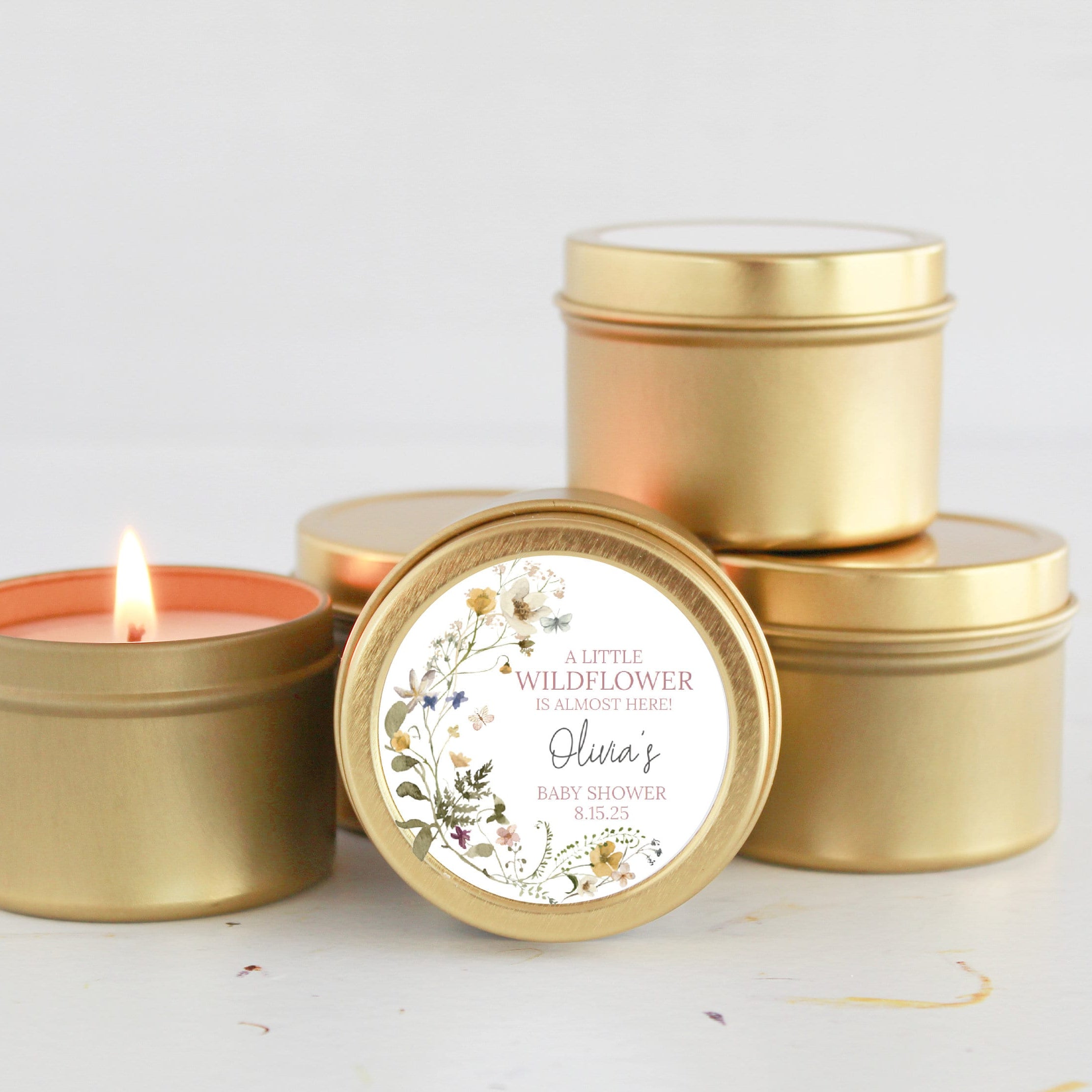 Wildflower Baby Shower Favors / For Guests Bulk / Soy Candle Favors / Baby In Bloom / Baby Girl / Set of 10 / Gold & Silver Tins / Unique