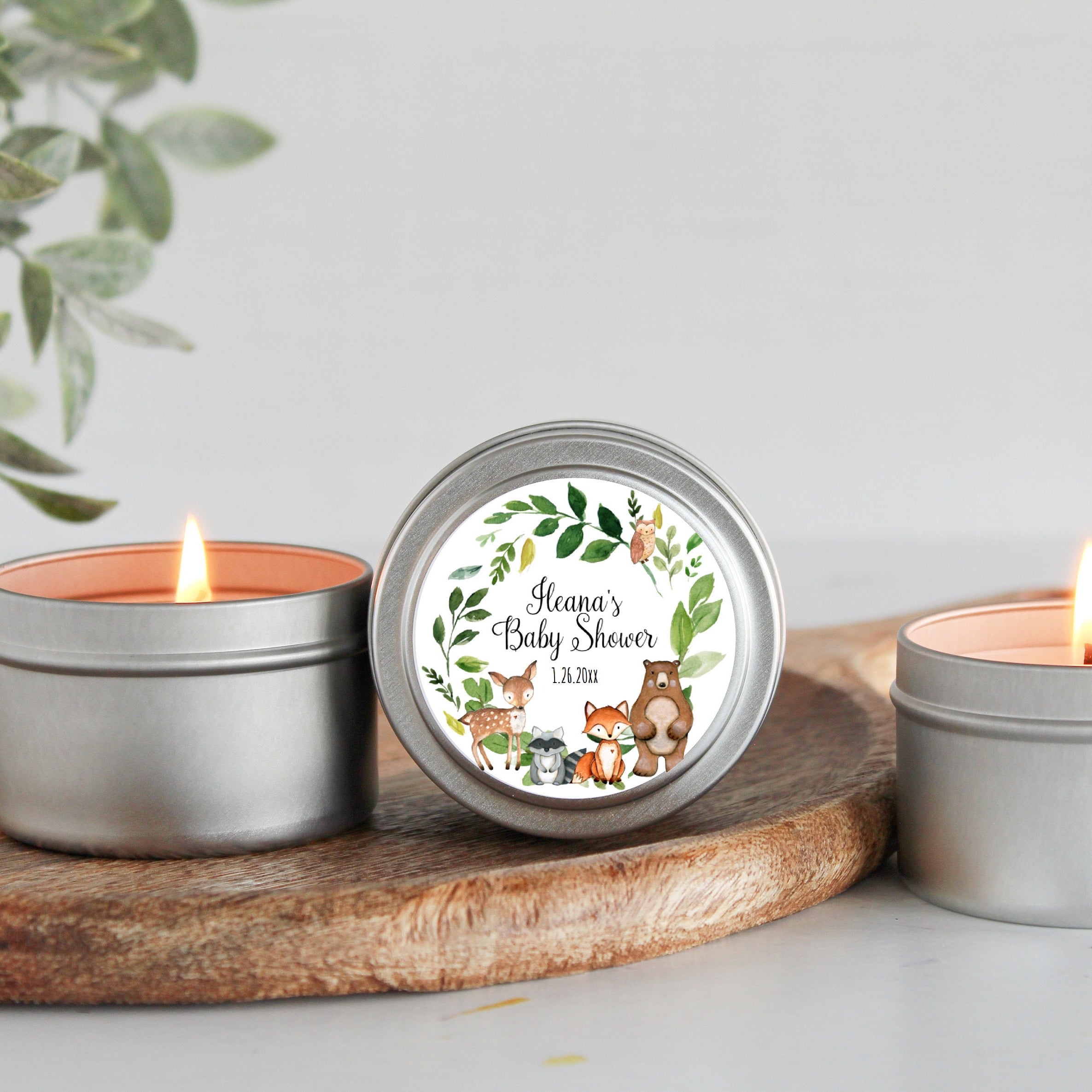 Woodland Baby Shower Favors / For Guests Bulk / Soy Candle Favors / Baby Boy / Baby Girl / Set of 10 / Gold & Silver Tins / Unique