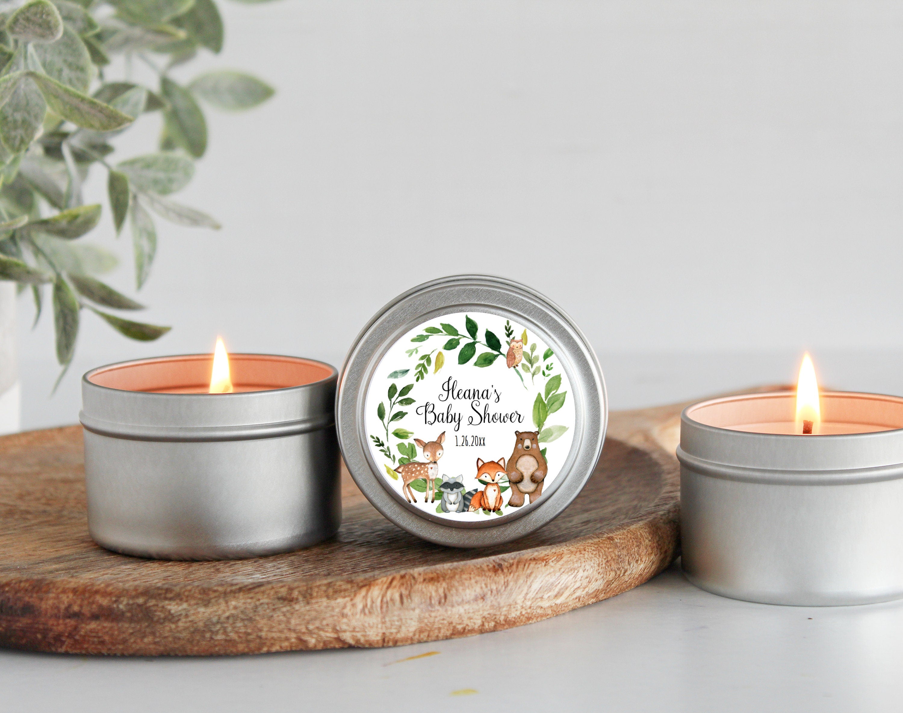 Woodland Baby Shower Favors / For Guests Bulk / Soy Candle Favors / Baby Boy / Baby Girl / Set of 10 / Gold & Silver Tins / Unique
