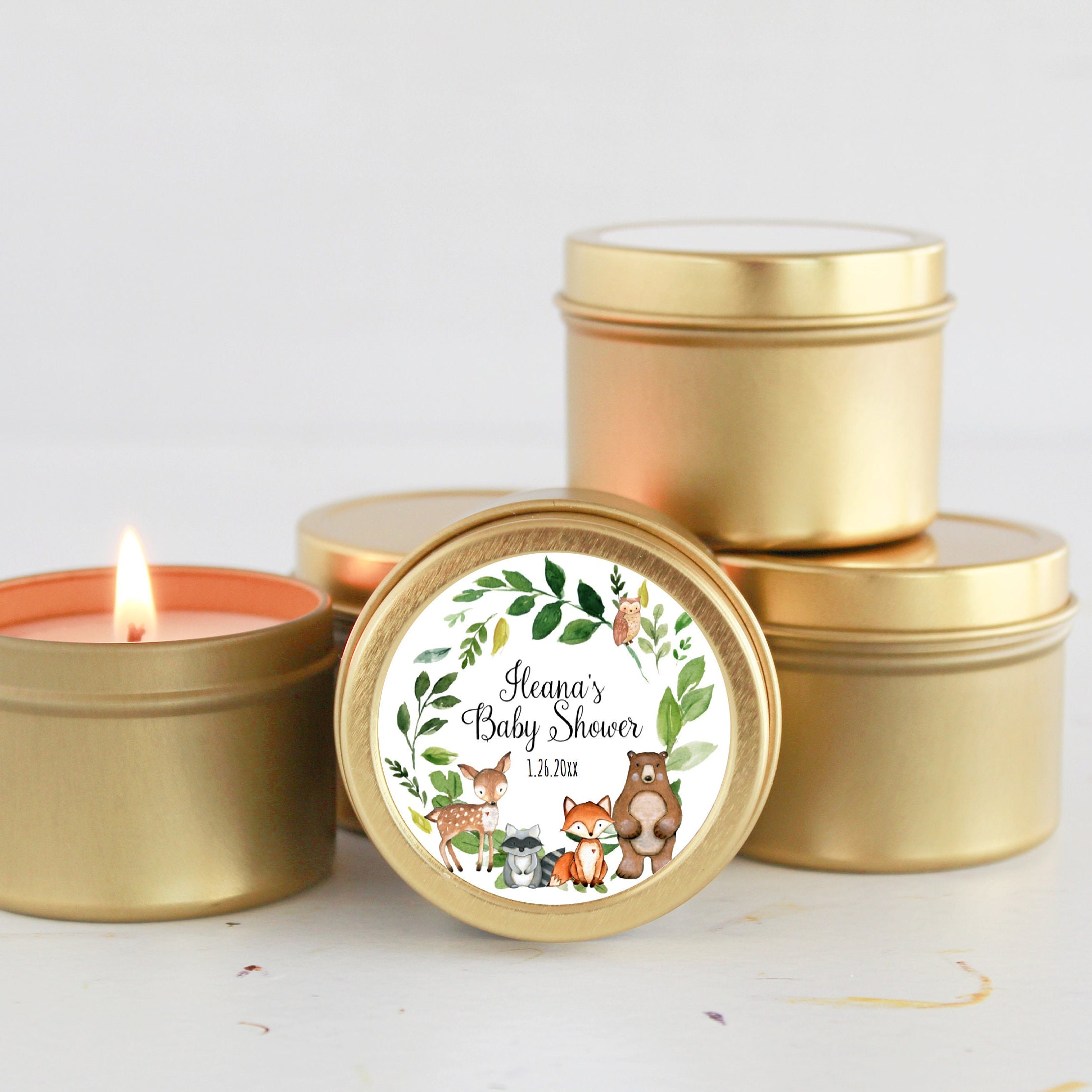 Woodland Baby Shower Favors / For Guests Bulk / Soy Candle Favors / Baby Boy / Baby Girl / Set of 10 / Gold & Silver Tins / Unique
