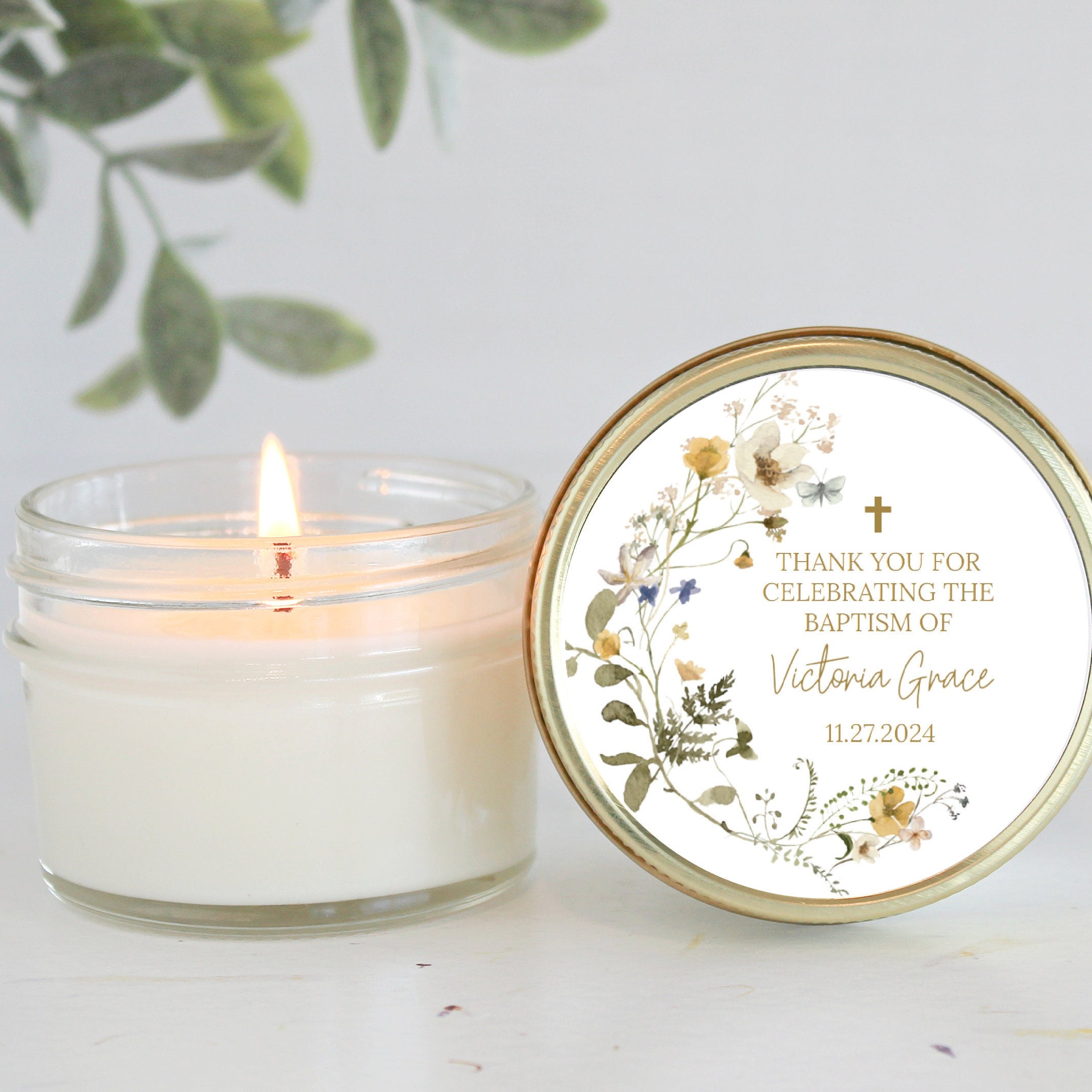 Wildflower Baptism Favors / 4 oz - Soy Candle Favors / Girl Baptism / Communion Favor / Baby Baptism Favor / Personalized Favor