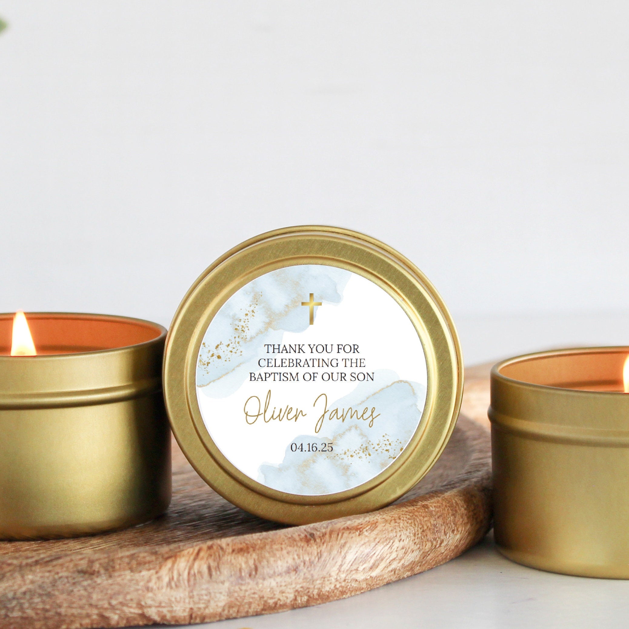Baptism Favors / For Guests Bulk / Set of 10 Candle Favors / Christening for Boys / Gold Tins / Soy Candle / Communion Favors