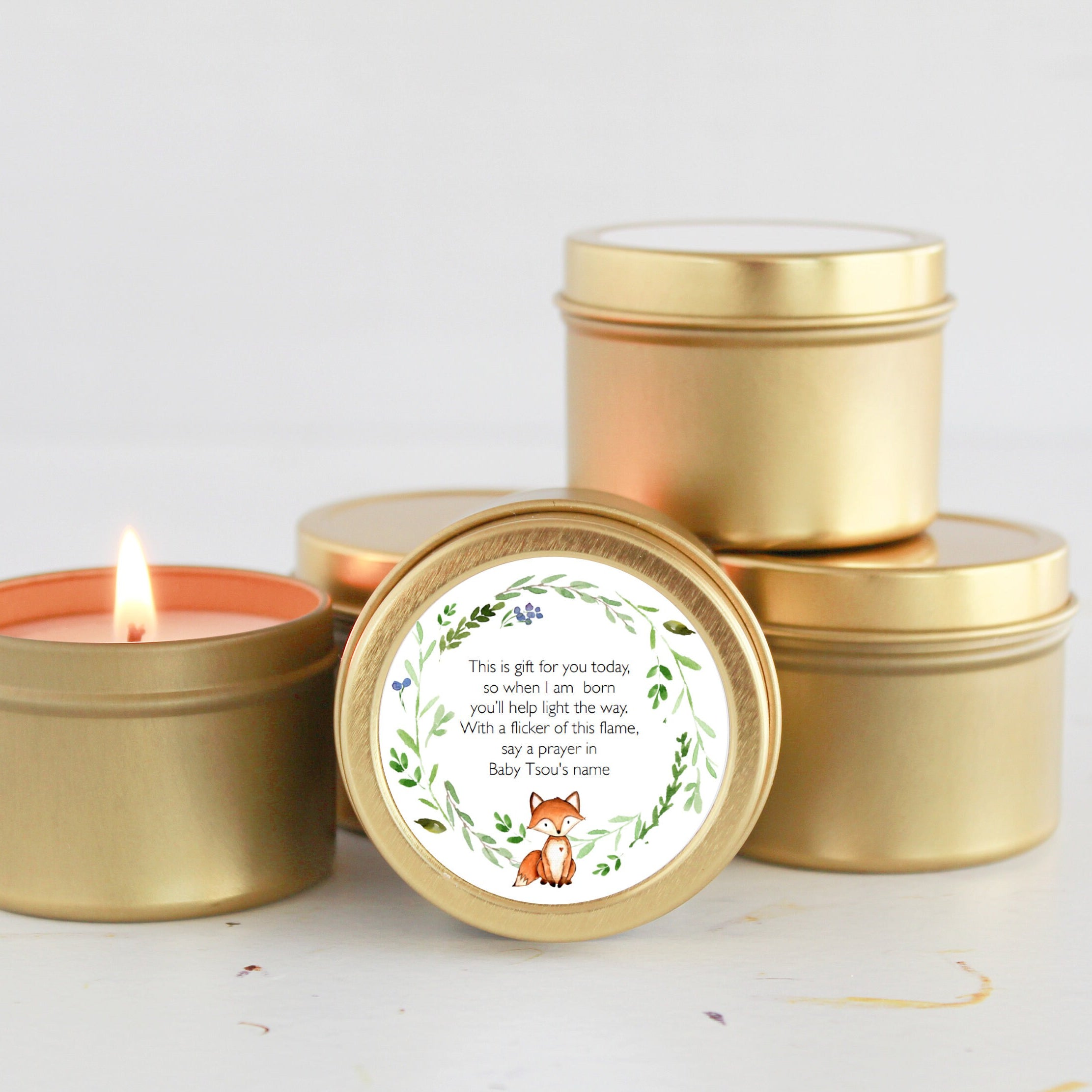 Woodland Fox Baby Shower Favors / For Guests Bulk / Soy Candle Favors / Baby Boy / Baby Girl / Set of 10 / Gold & Silver Tins / Unique