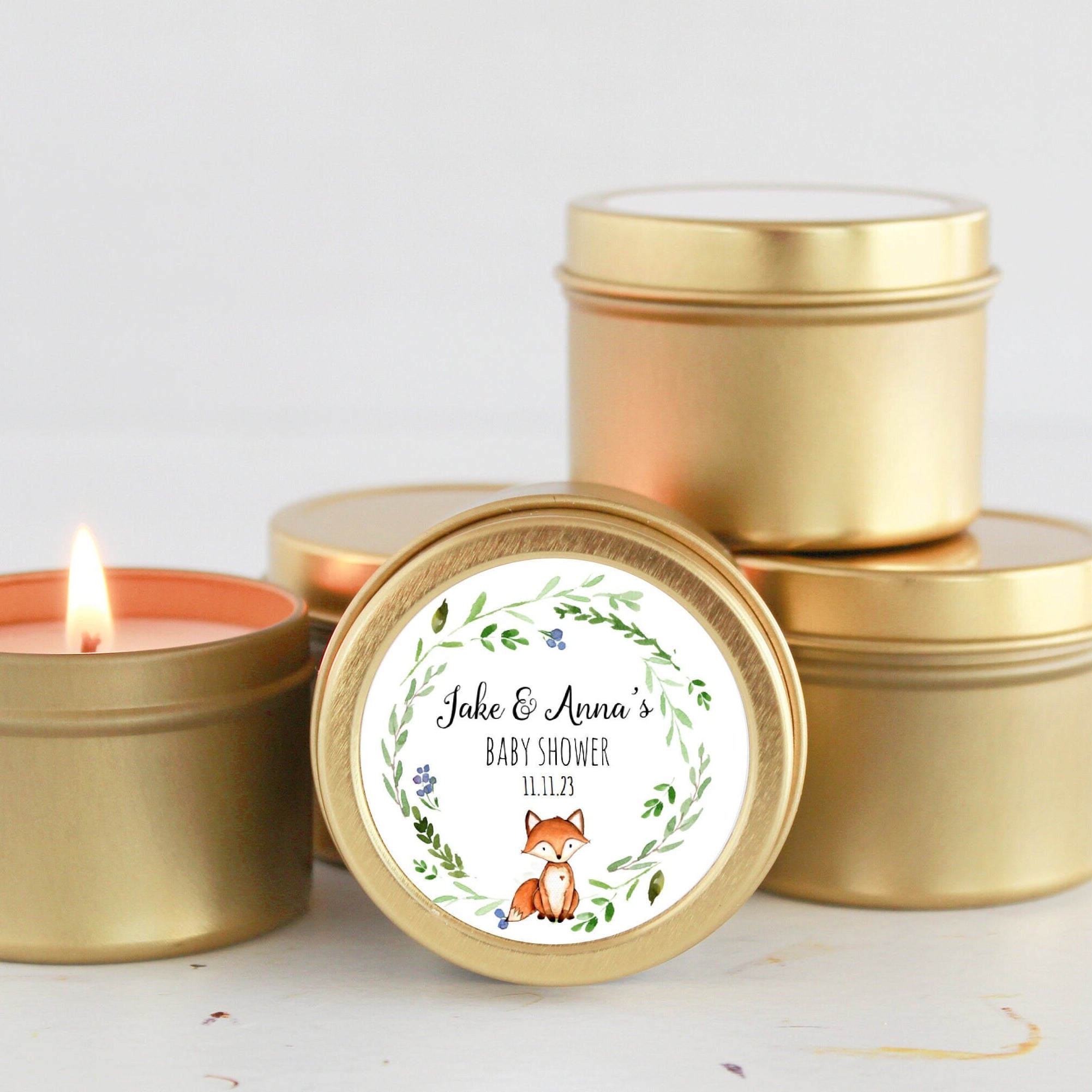 Woodland Fox Baby Shower Favors / For Guests Bulk / Soy Candle Favors / Baby Boy / Baby Girl / Set of 10 / Gold & Silver Tins / Unique