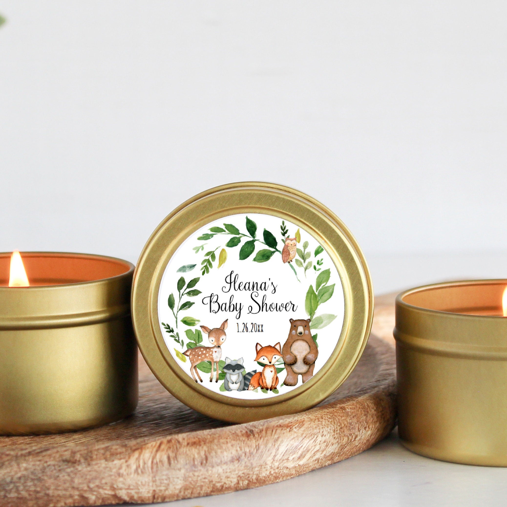 Woodland Baby Shower Favors / For Guests Bulk / Soy Candle Favors / Baby Boy / Baby Girl / Set of 10 / Gold & Silver Tins / Unique