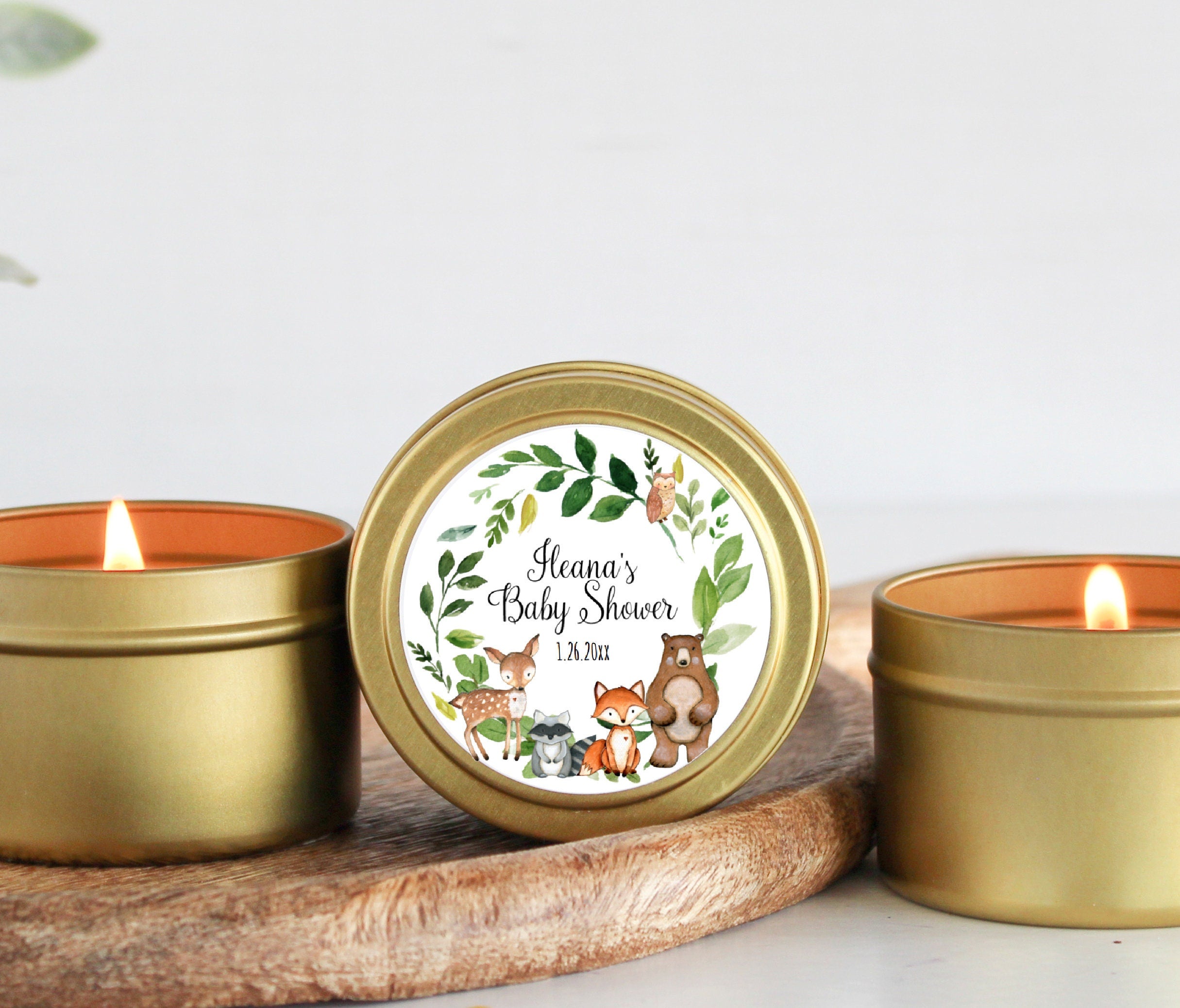 Woodland Baby Shower Favors / For Guests Bulk / Soy Candle Favors / Baby Boy / Baby Girl / Set of 10 / Gold & Silver Tins / Unique
