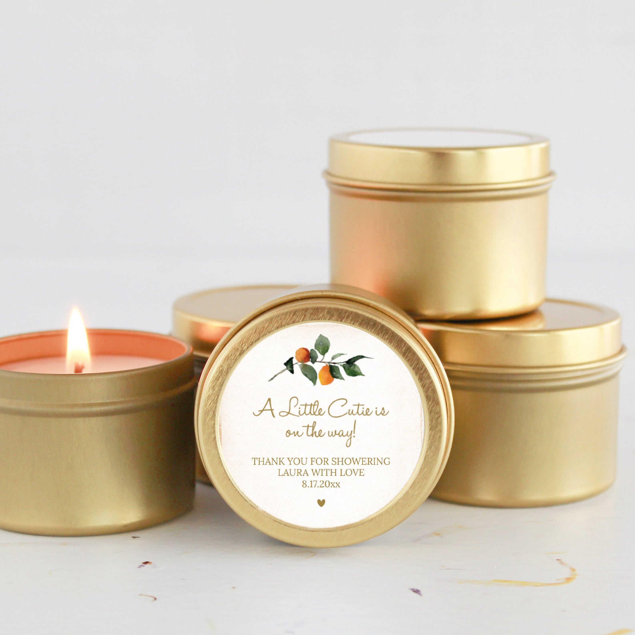 A Little Cutie Baby Shower Favors / For Guests Bulk / Set of 10 / Citrus Baby Shower / Baby Boy / Baby Girl / Gold Tins / Soy Candle Favors