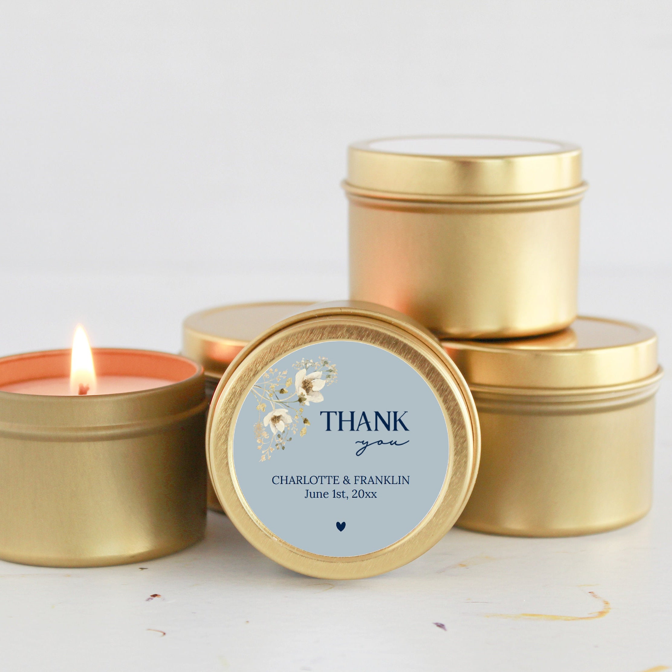 Something Blue / Personalized Bridal Shower Favors / Bulk Wedding Favor for Guests / Set of 10 Candle Favors / Gold Candle Tins / Wildflower